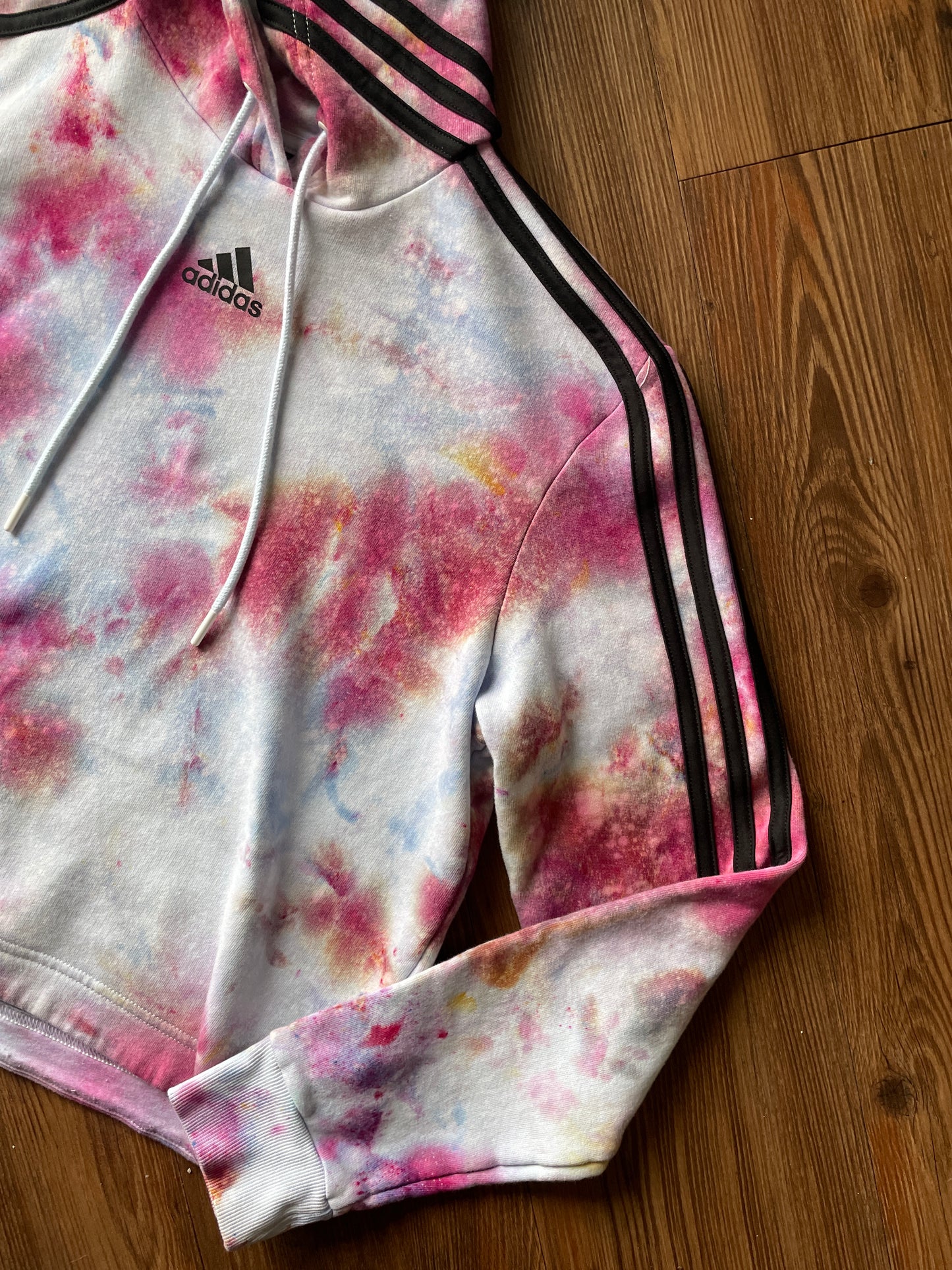 MEDIUM Women’s adidas Pastel Galaxy Handmade Tie Dye Cropped Length Sweatshirt | Pastel Pink and Purple Ice Dye Long Sleeve Hoodie