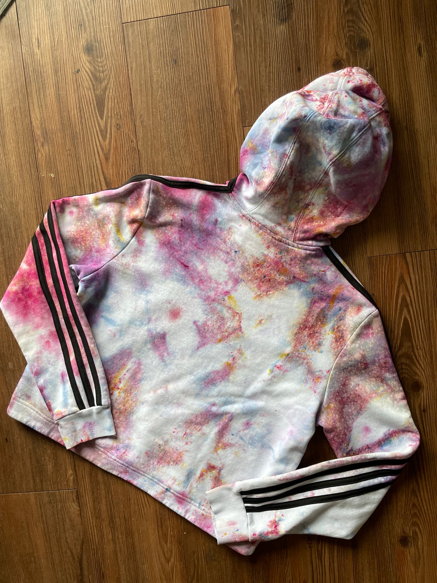 MEDIUM Women’s adidas Pastel Galaxy Handmade Tie Dye Cropped Length Sweatshirt | Pastel Pink and Purple Ice Dye Long Sleeve Hoodie