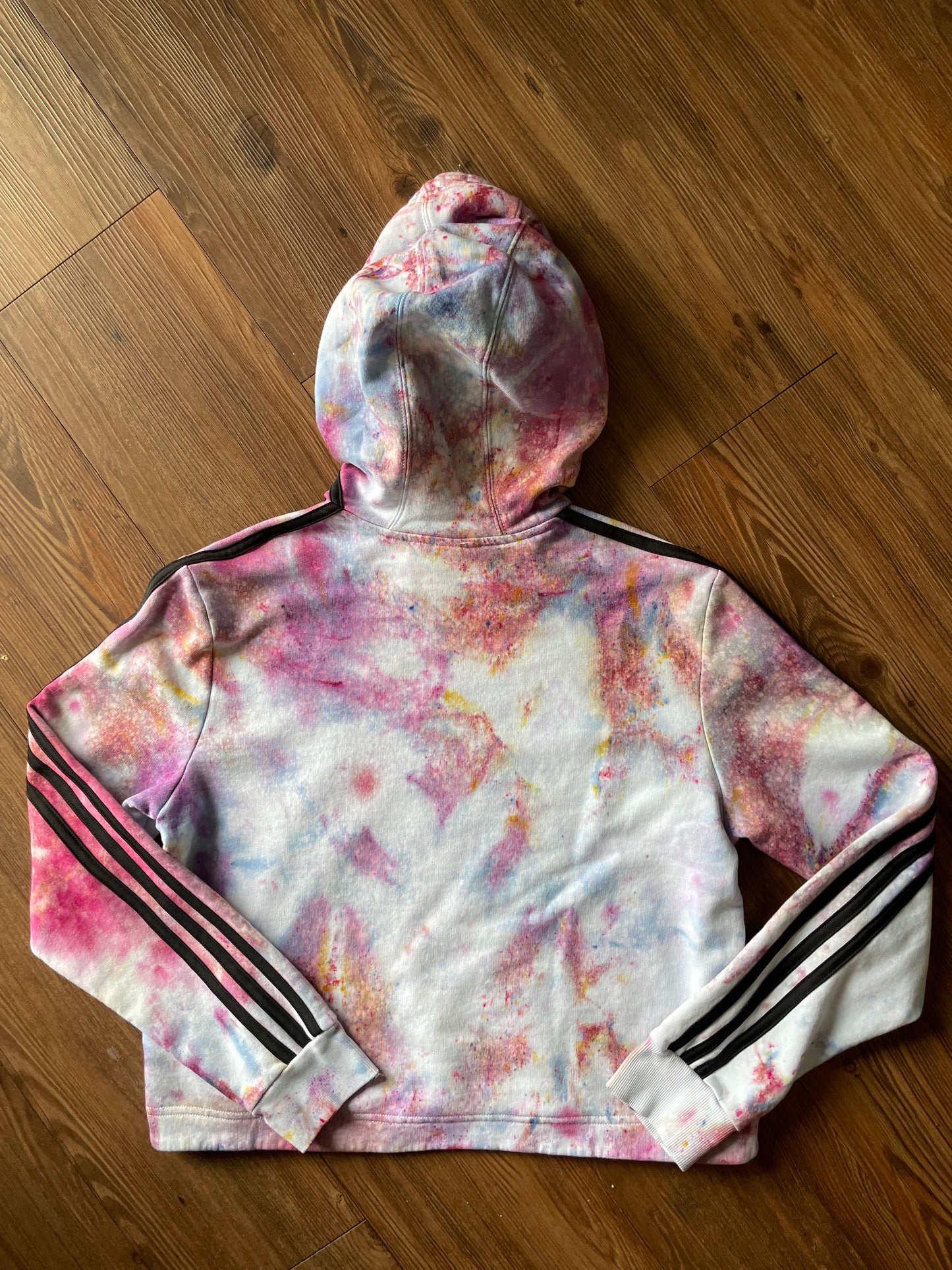 MEDIUM Women’s adidas Pastel Galaxy Handmade Tie Dye Cropped Length Sweatshirt | Pastel Pink and Purple Ice Dye Long Sleeve Hoodie