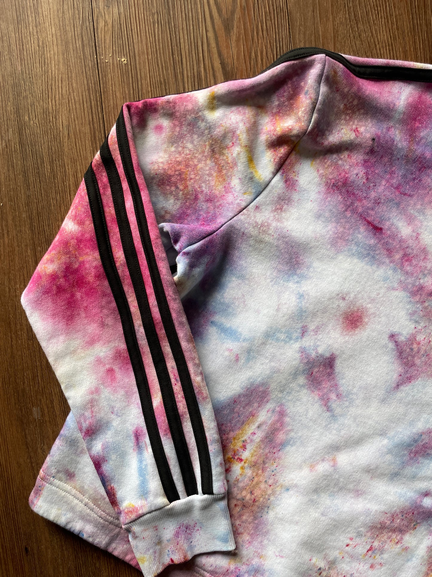 MEDIUM Women’s adidas Pastel Galaxy Handmade Tie Dye Cropped Length Sweatshirt | Pastel Pink and Purple Ice Dye Long Sleeve Hoodie