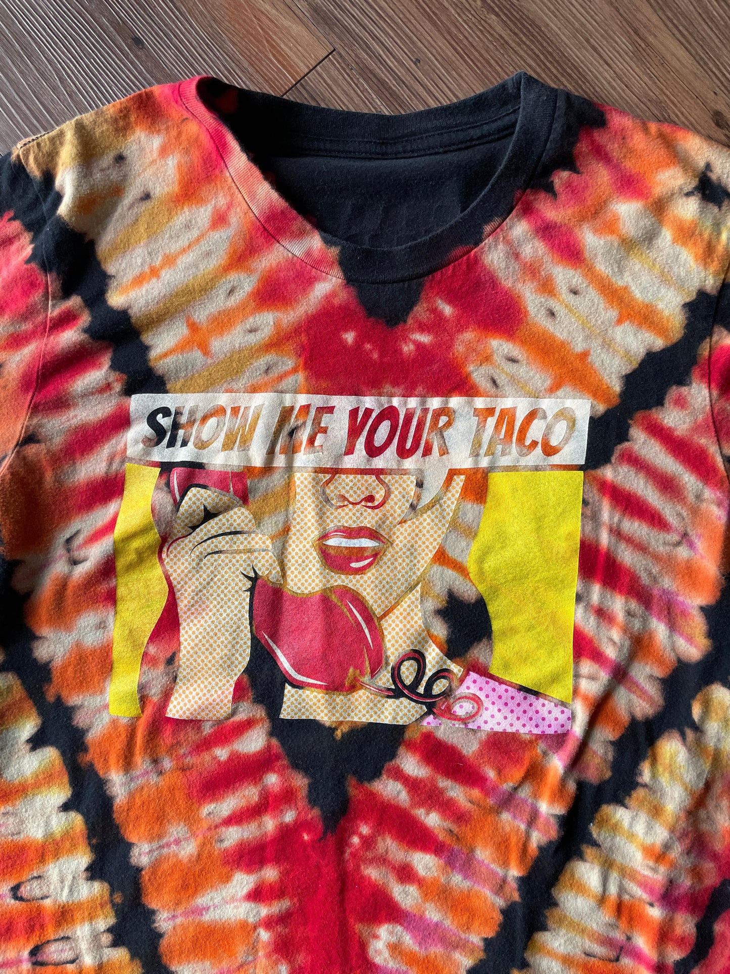 MEDIUM Men’s Show Me Your Taco Handmade Reverse Tie Dye T-Shirt | Black, Red, and Orange V-Pleated Short Sleeve