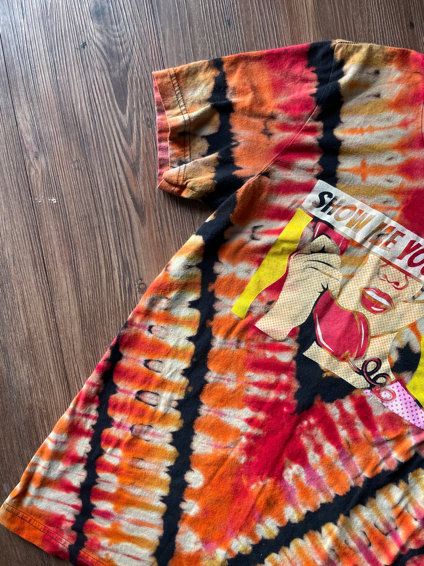 MEDIUM Men’s Show Me Your Taco Handmade Reverse Tie Dye T-Shirt | Black, Red, and Orange V-Pleated Short Sleeve