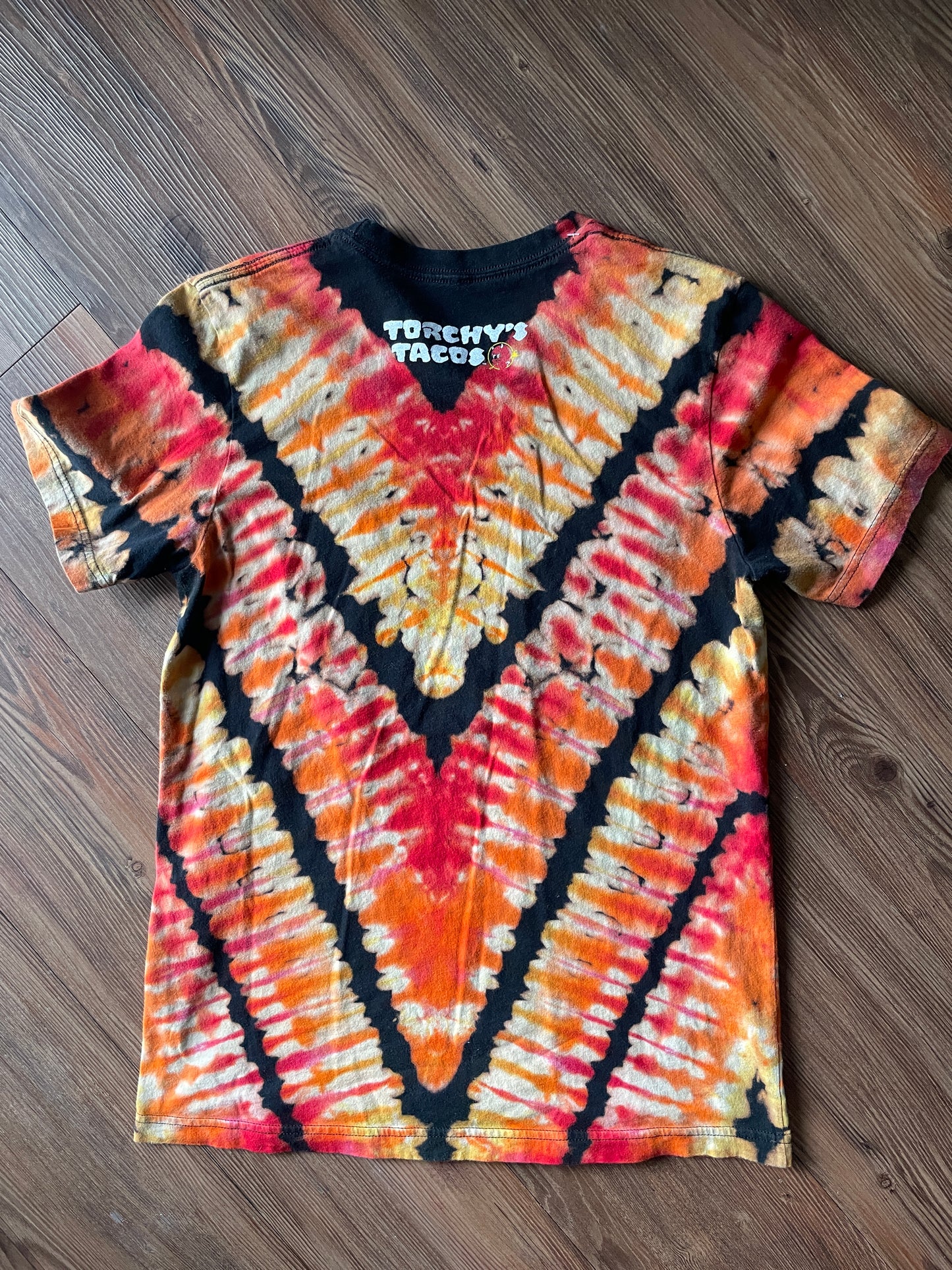 MEDIUM Men’s Show Me Your Taco Handmade Reverse Tie Dye T-Shirt | Black, Red, and Orange V-Pleated Short Sleeve