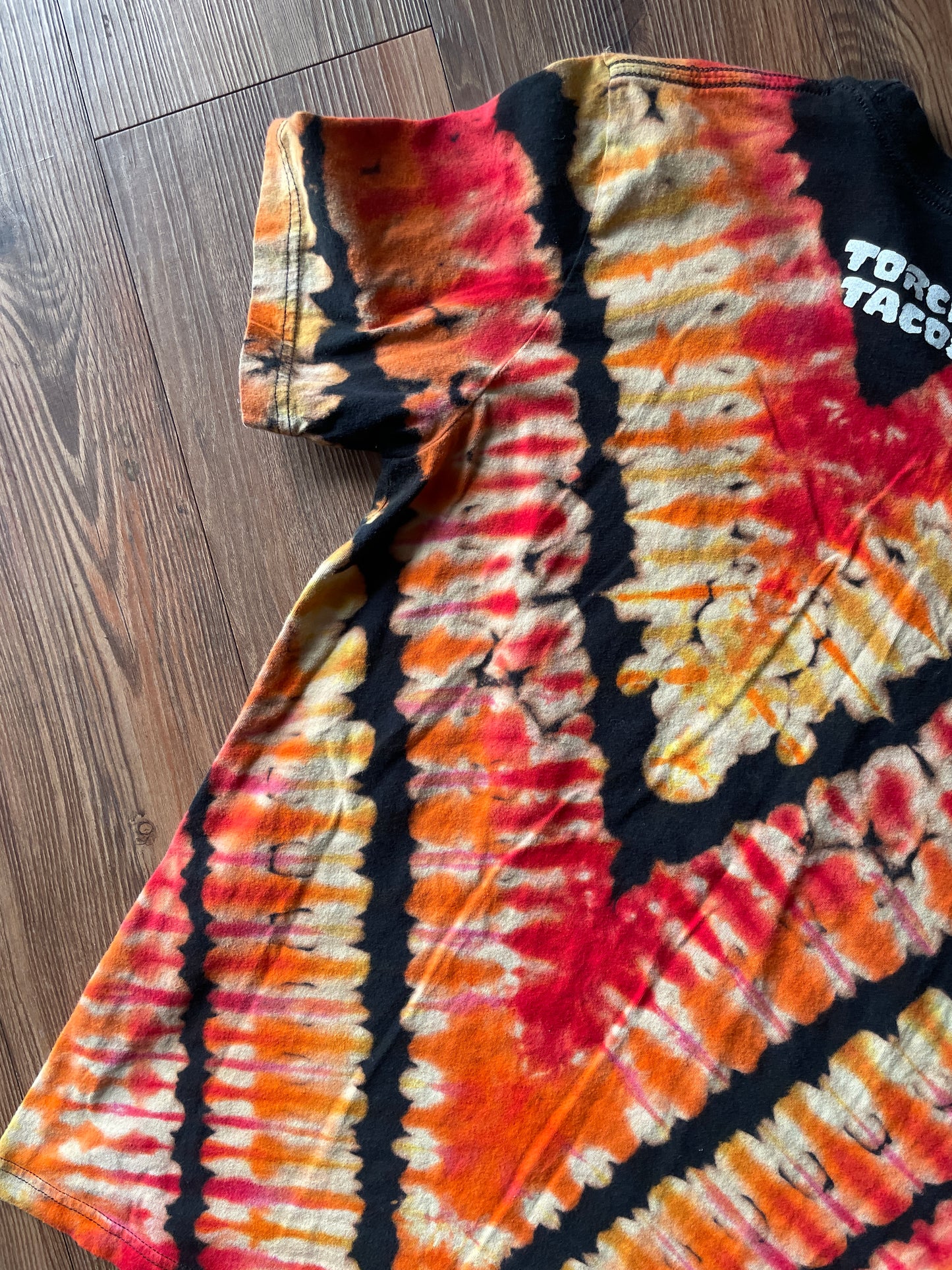 MEDIUM Men’s Show Me Your Taco Handmade Reverse Tie Dye T-Shirt | Black, Red, and Orange V-Pleated Short Sleeve