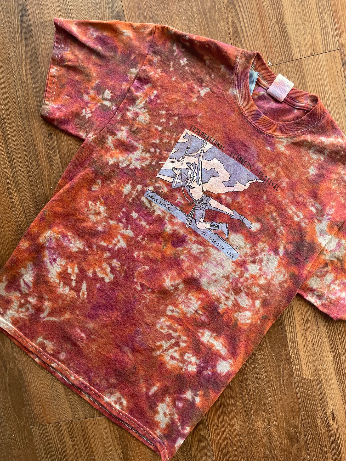 MEDIUM Men’s International Climbing Festival Tie Dye T-Shirt | Red and Orange Crumpled Short Sleeve