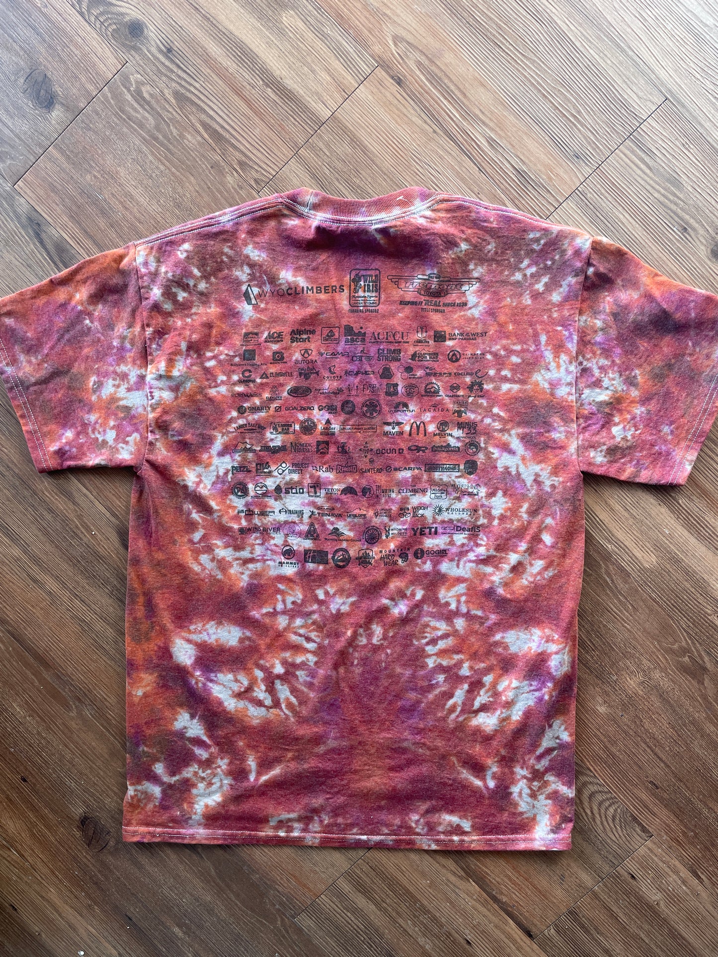 MEDIUM Men’s International Climbing Festival Tie Dye T-Shirt | Red and Orange Crumpled Short Sleeve