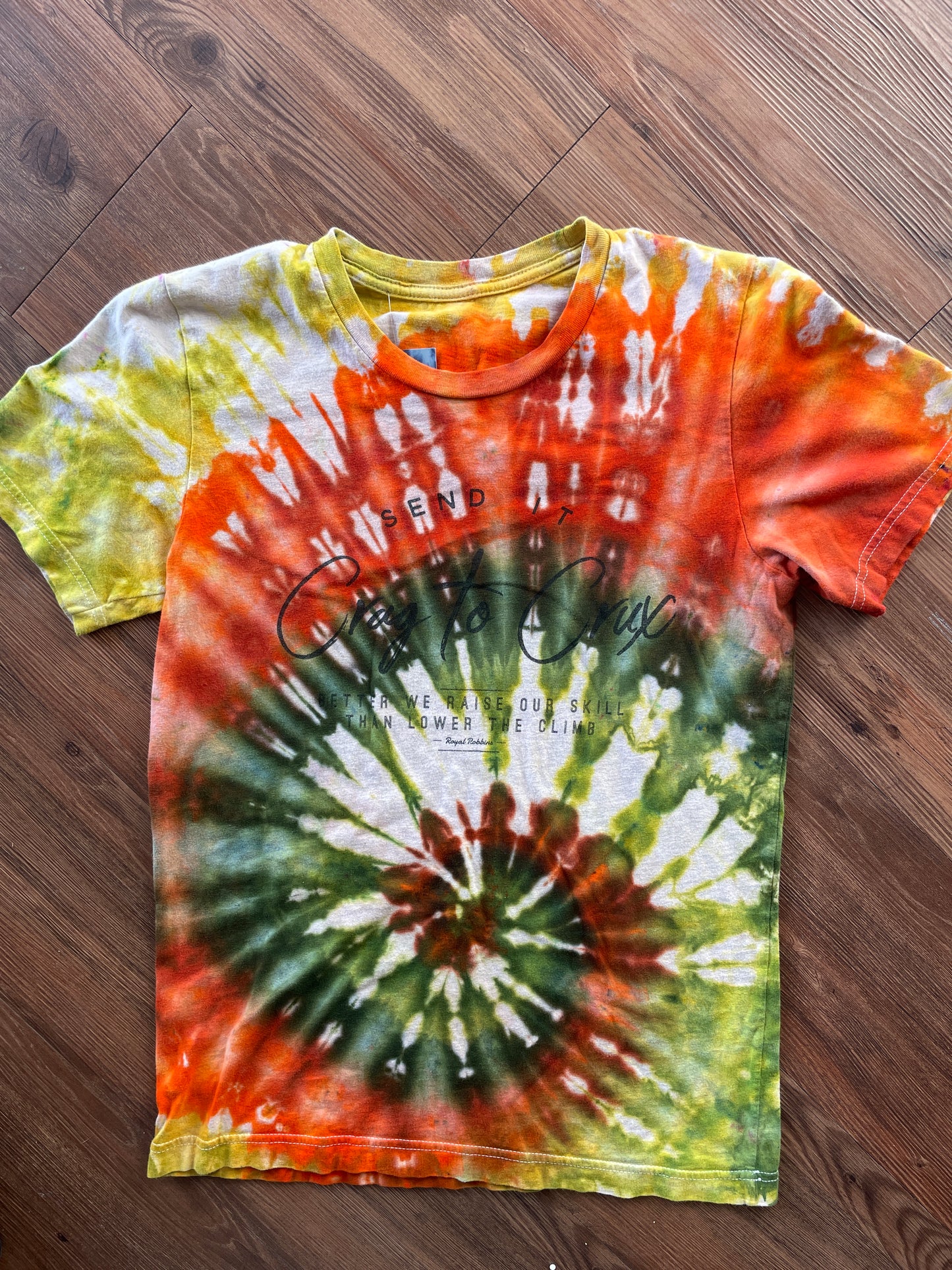 MEDIUM Women’s Crag to Crux Earth Tones Spiral Handmade Tie Dye T-Shirt | Green, Brown, and Orange Spiral Short Sleeve