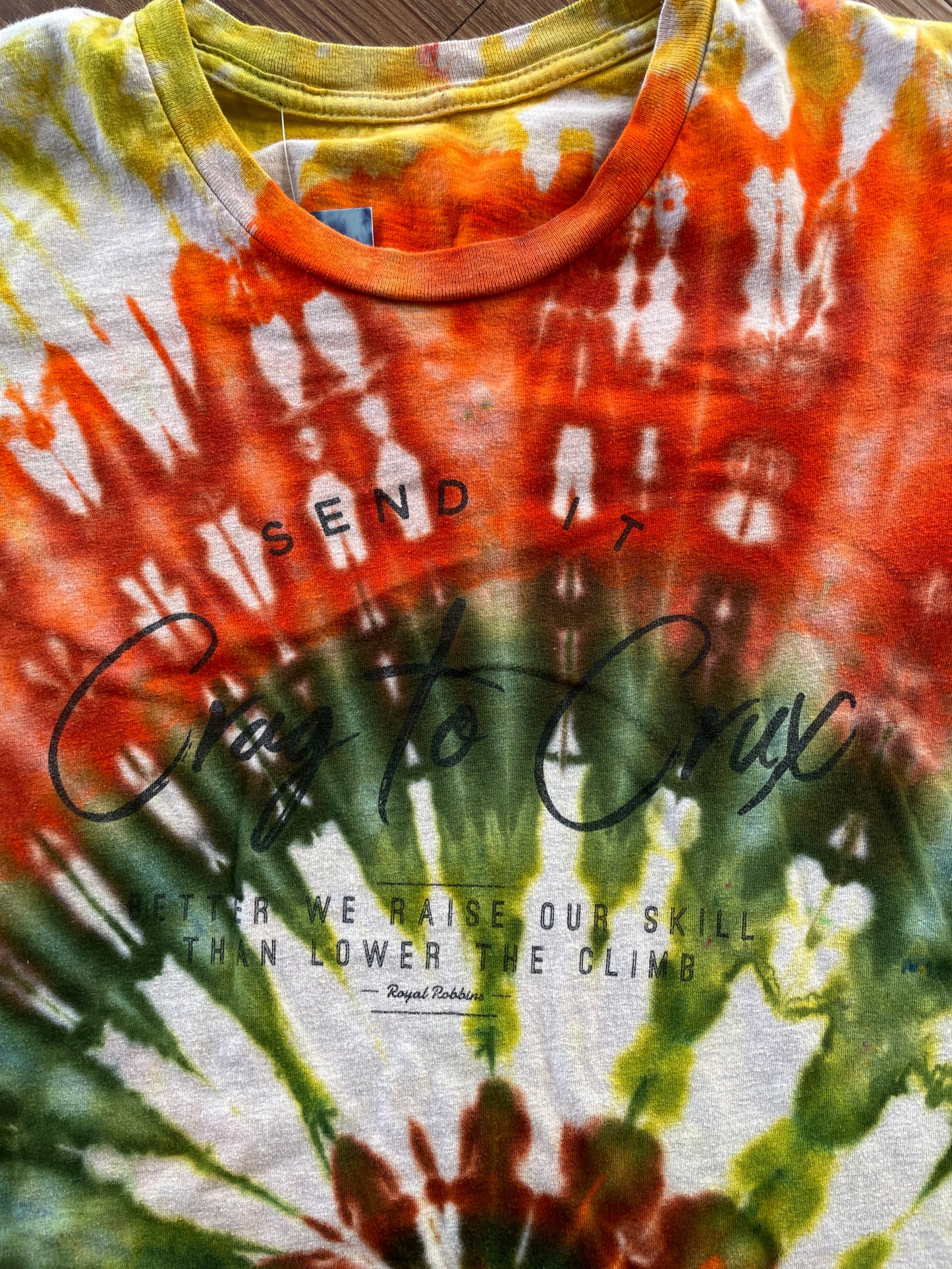 MEDIUM Women’s Crag to Crux Earth Tones Spiral Handmade Tie Dye T-Shirt | Green, Brown, and Orange Spiral Short Sleeve