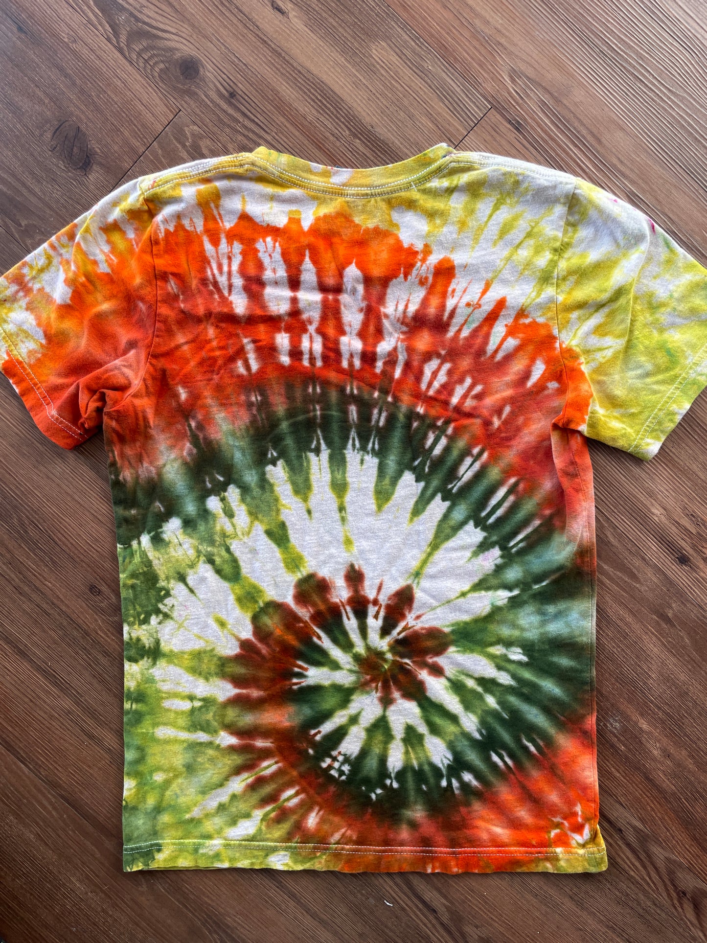 MEDIUM Women’s Crag to Crux Earth Tones Spiral Handmade Tie Dye T-Shirt | Green, Brown, and Orange Spiral Short Sleeve