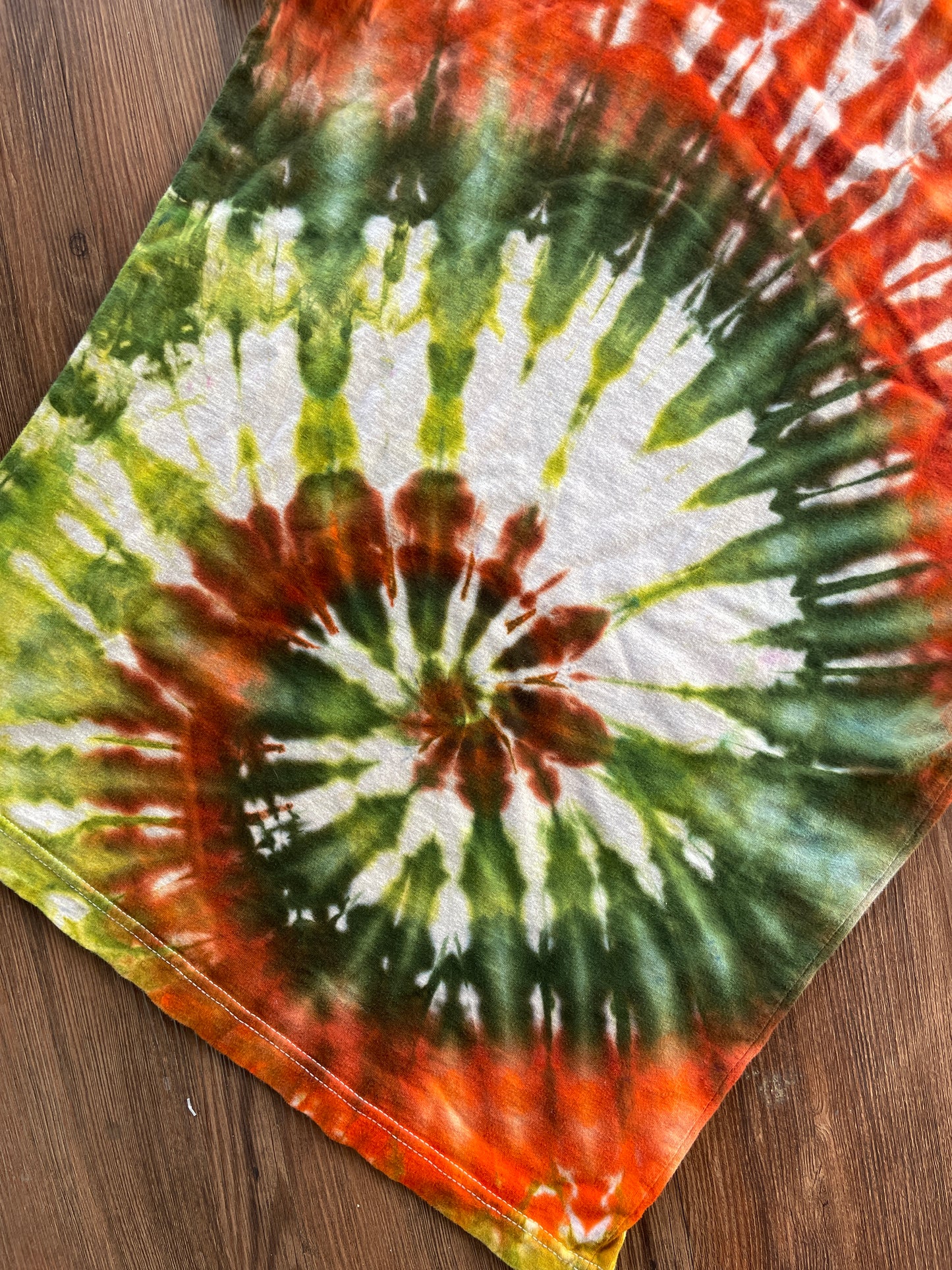 MEDIUM Women’s Crag to Crux Earth Tones Spiral Handmade Tie Dye T-Shirt | Green, Brown, and Orange Spiral Short Sleeve