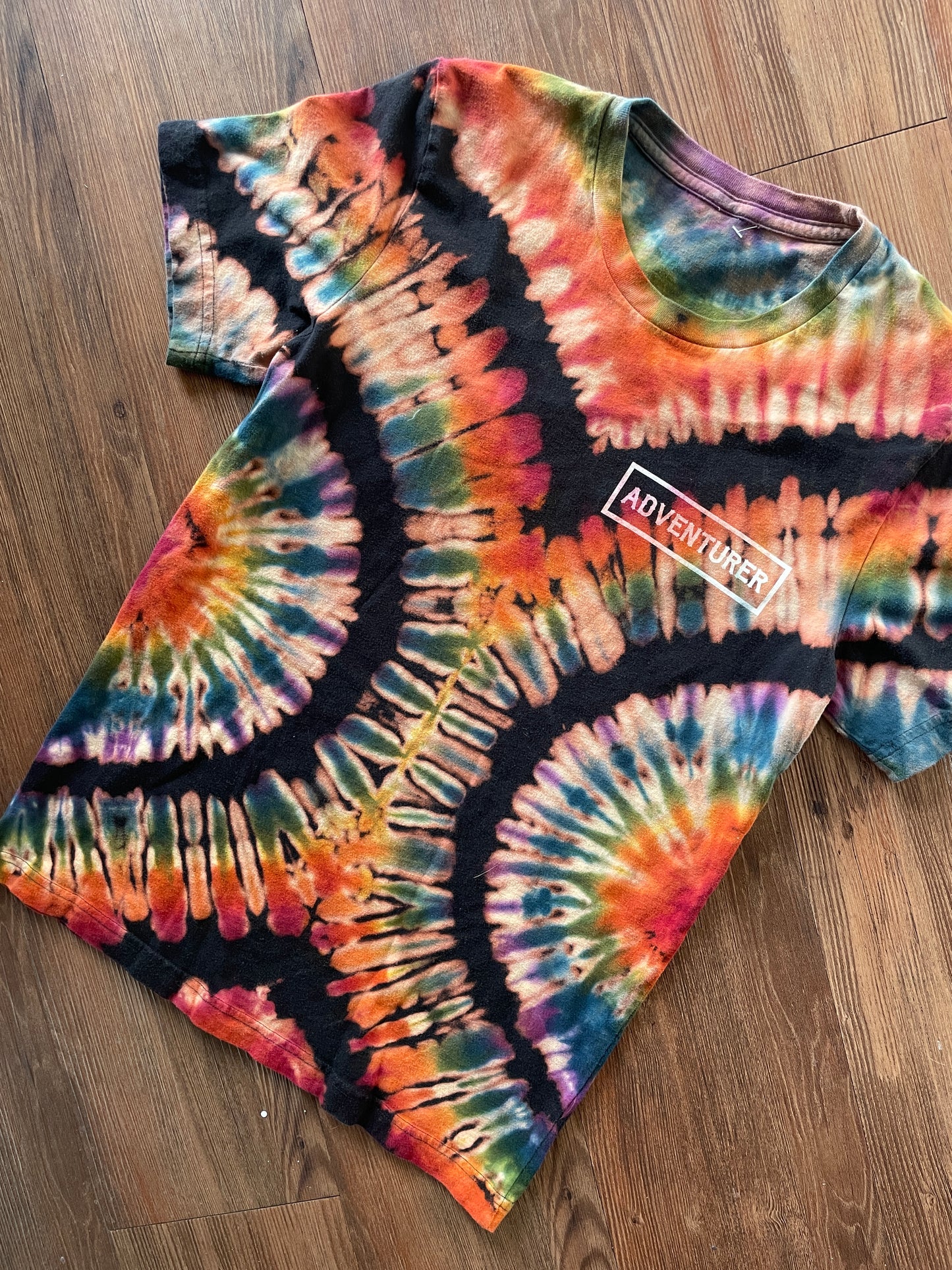 MEDIUM Men’s Adventurer Crag to Crux Handmade Tie Dye Sweatshirt | Black and Rainbow Pleated Short Sleeve