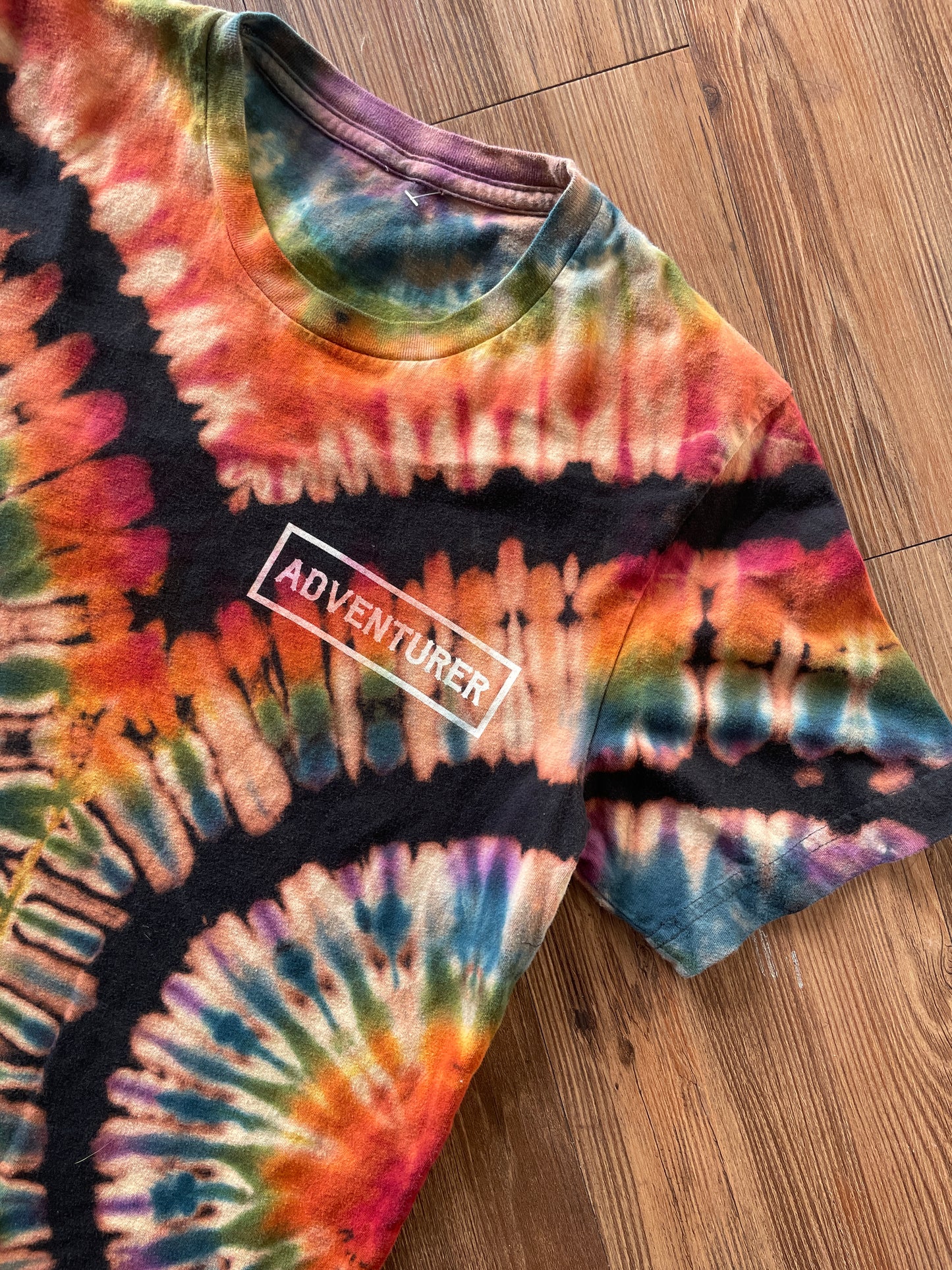 MEDIUM Men’s Adventurer Crag to Crux Handmade Tie Dye Sweatshirt | Black and Rainbow Pleated Short Sleeve