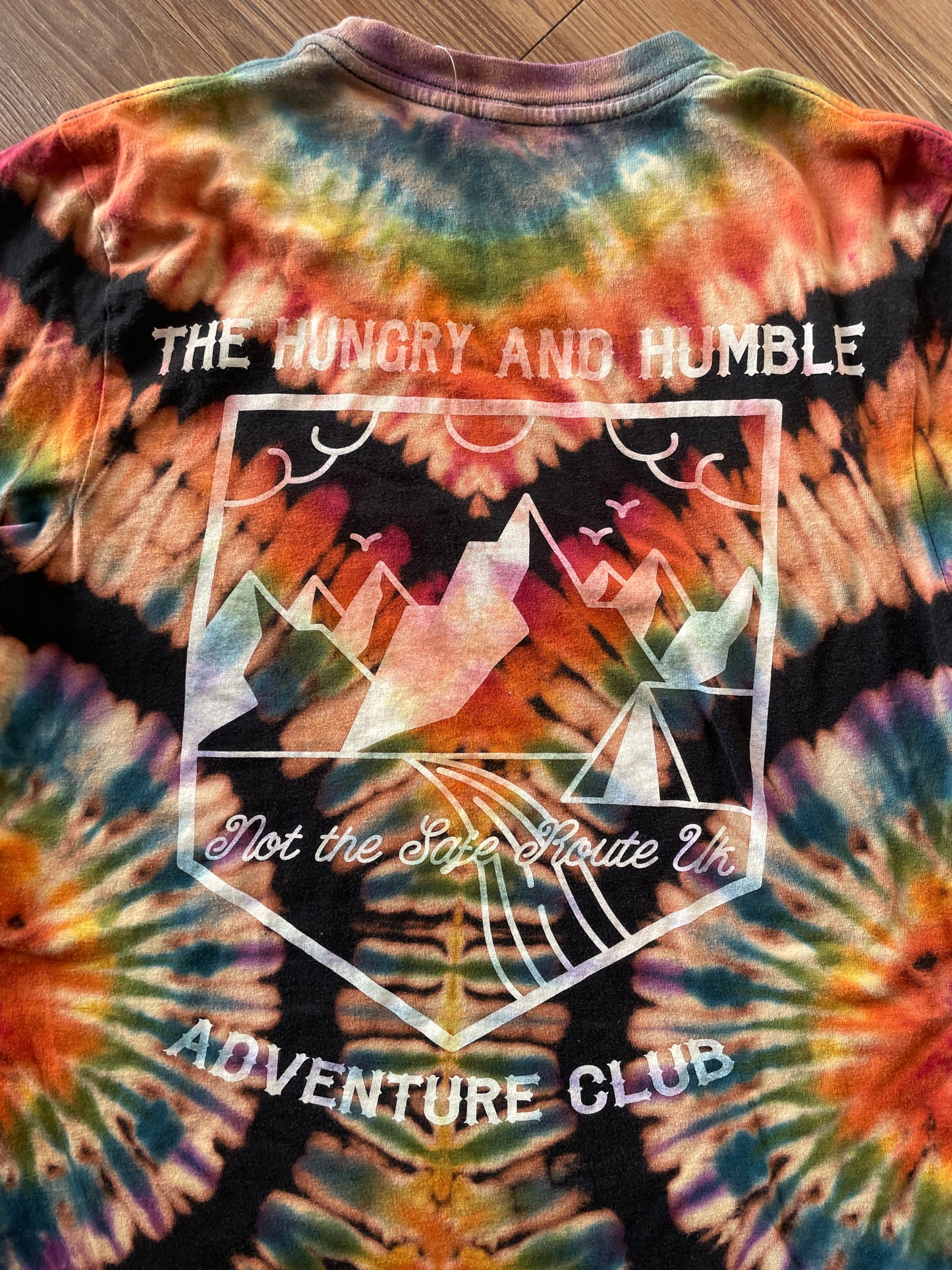 MEDIUM Men’s Adventurer Crag to Crux Handmade Tie Dye Sweatshirt | Black and Rainbow Pleated Short Sleeve
