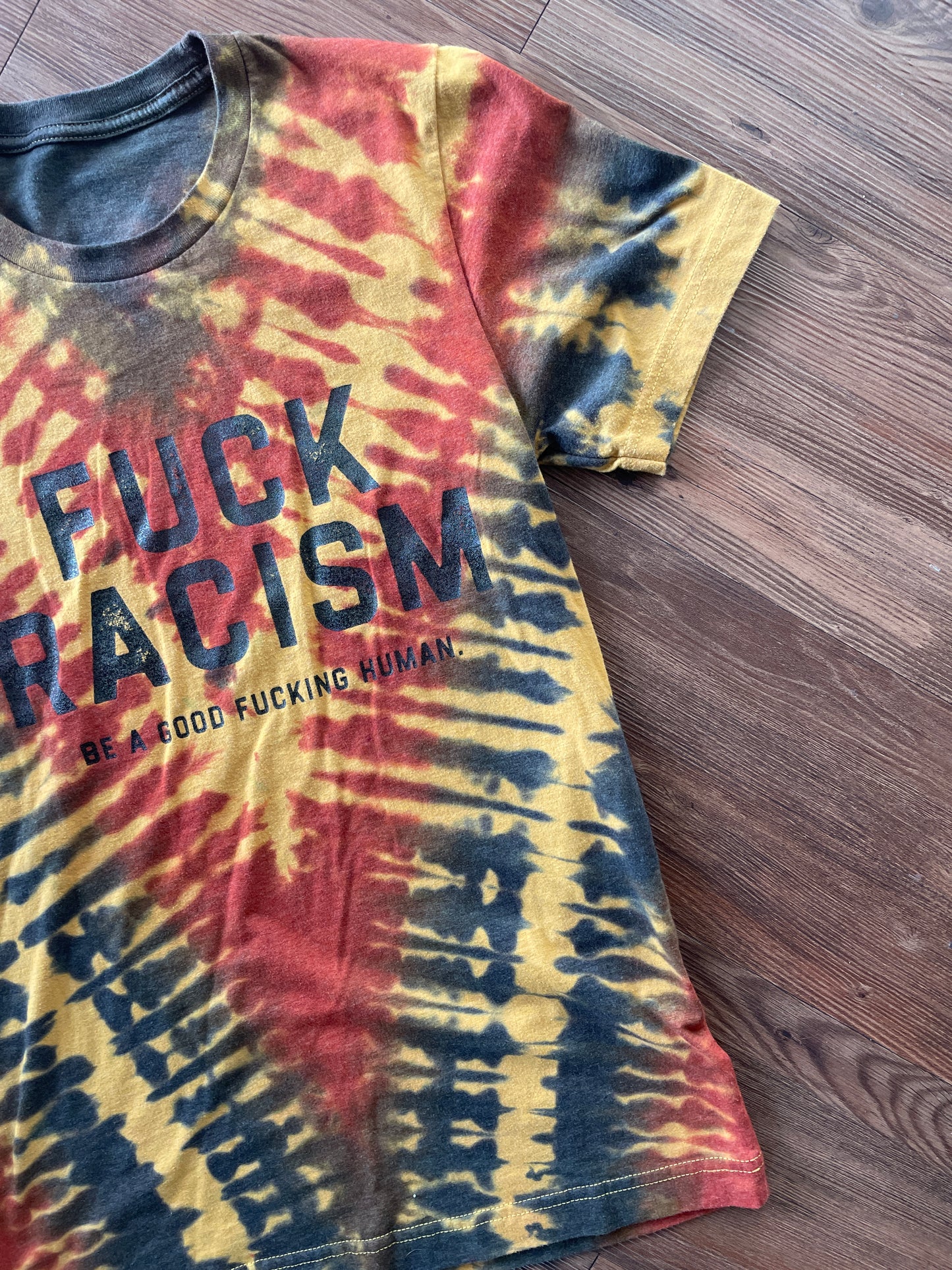 MEDIUM Men’s Fuck Racism Crag to Crux Handmade Tie Dye T-Shirt | Yellow, Brown, and Black V-Pleated Short Sleeve