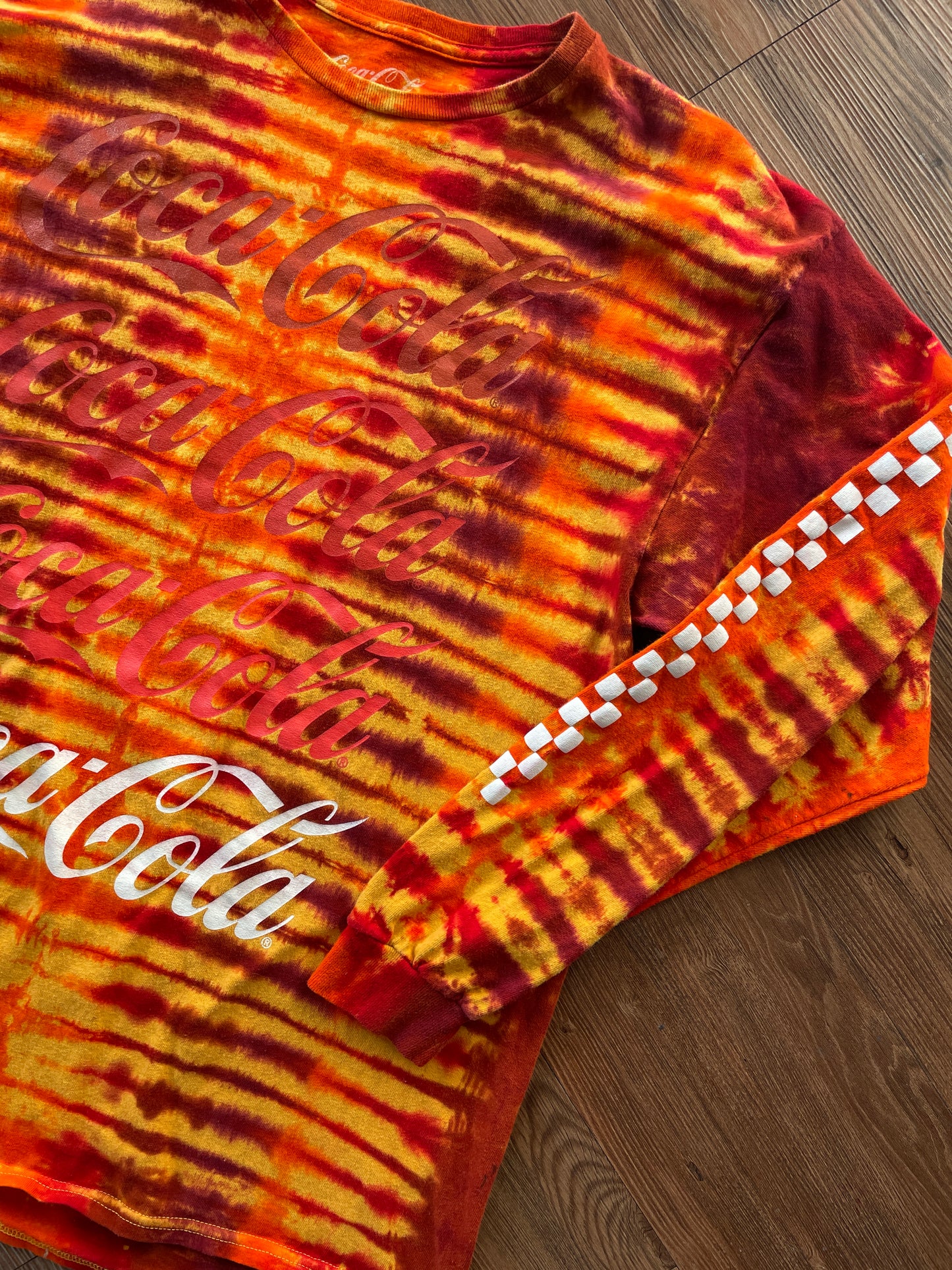 XL Men’s Coca-Cola Handmade Tie Dye Long Sleeve T-Shirt | Yellow, Orange, and Red Pleated Long Sleeve