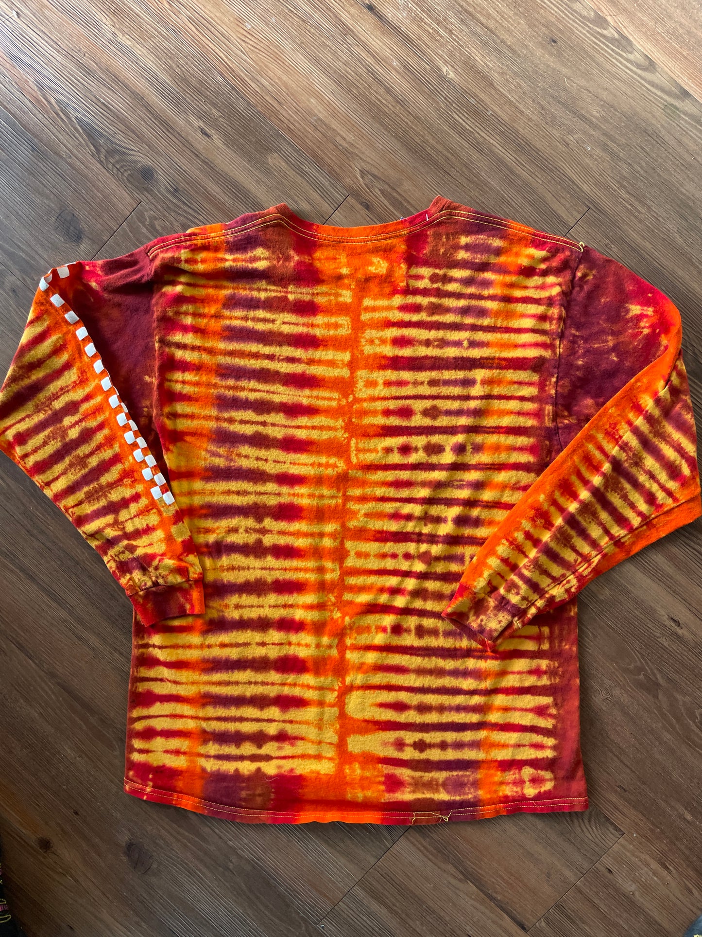 XL Men’s Coca-Cola Handmade Tie Dye Long Sleeve T-Shirt | Yellow, Orange, and Red Pleated Long Sleeve