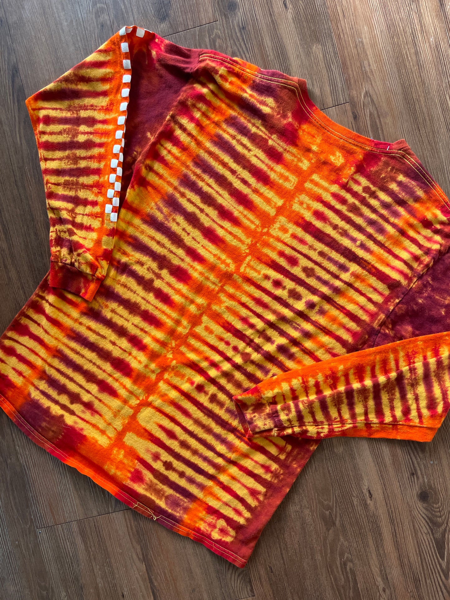 XL Men’s Coca-Cola Handmade Tie Dye Long Sleeve T-Shirt | Yellow, Orange, and Red Pleated Long Sleeve