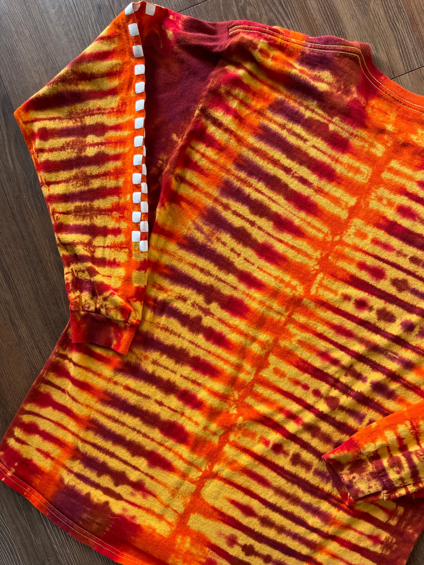 XL Men’s Coca-Cola Handmade Tie Dye Long Sleeve T-Shirt | Yellow, Orange, and Red Pleated Long Sleeve