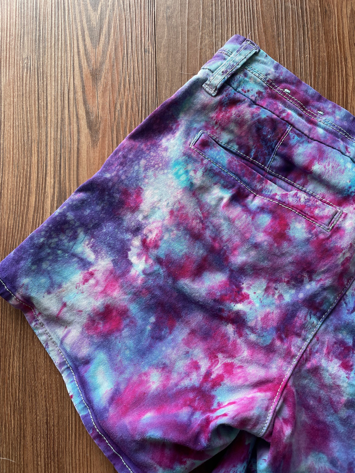 Size 0 Junior's Galaxy  Handmade Tie Dye Shorts | Purple Upcycled American Eagle Midi Shorts WITH POCKETS!