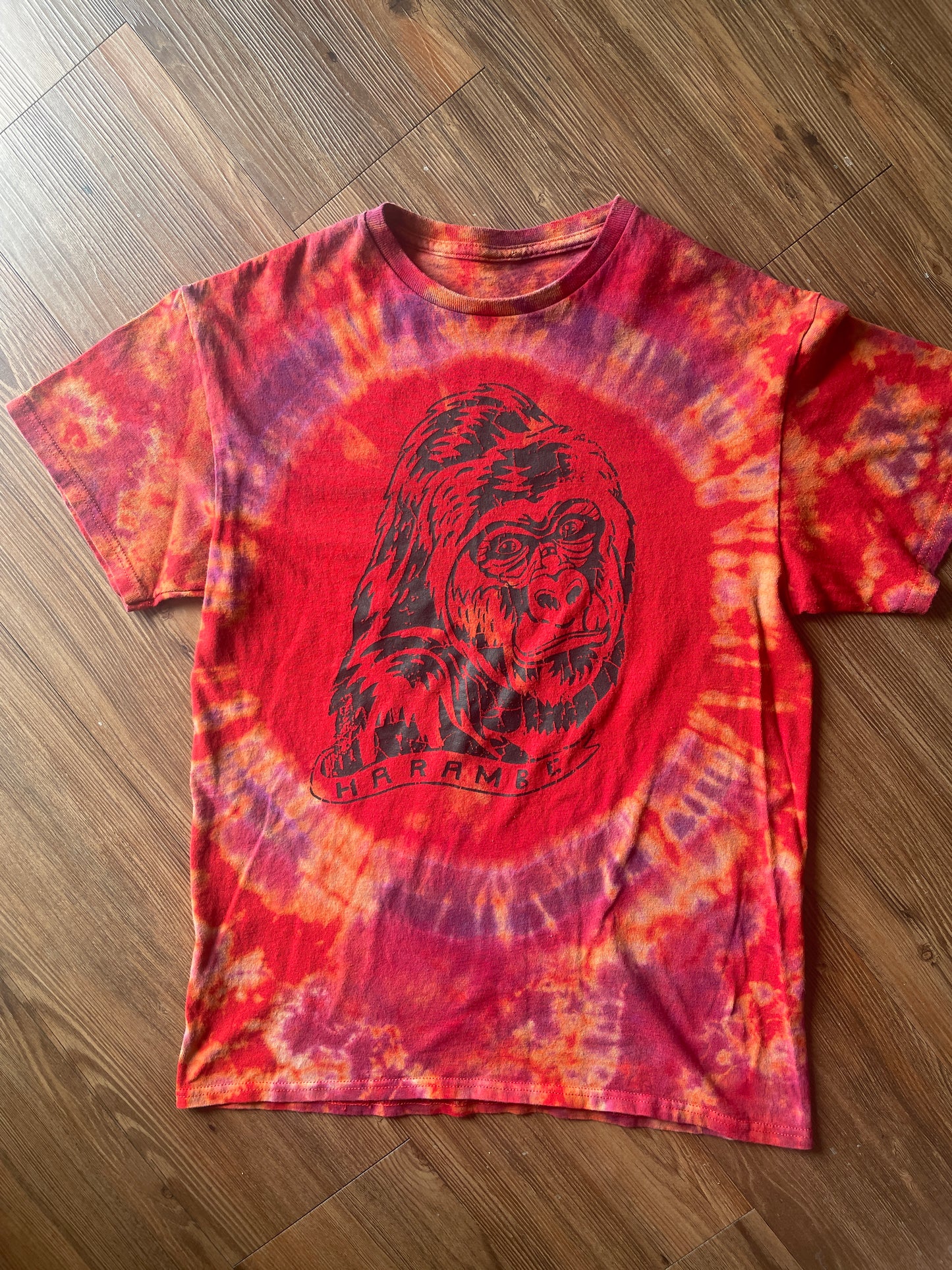 Medium Men’s Harambe Handmade Tie Dye T-Shirt | Red Warm Tones Crumpled Bleach Dye Short Sleeve