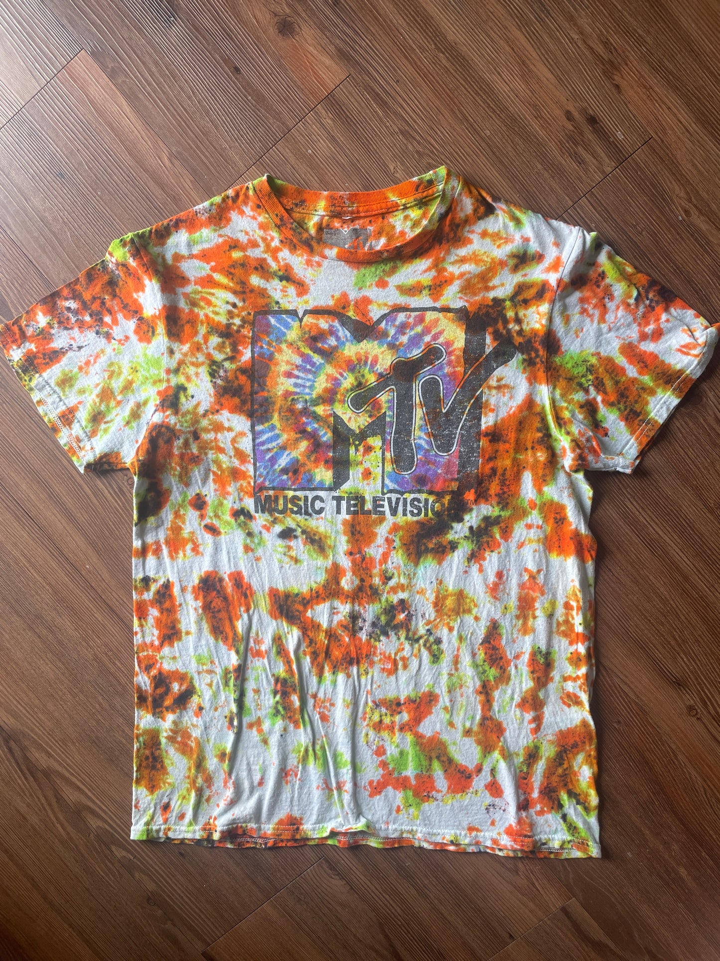 Medium Men’s MTV Retro Vibes Handmade Tie Dye T-Shirt | Music Television 90s Orange and Green Tie Dye Short Sleeve