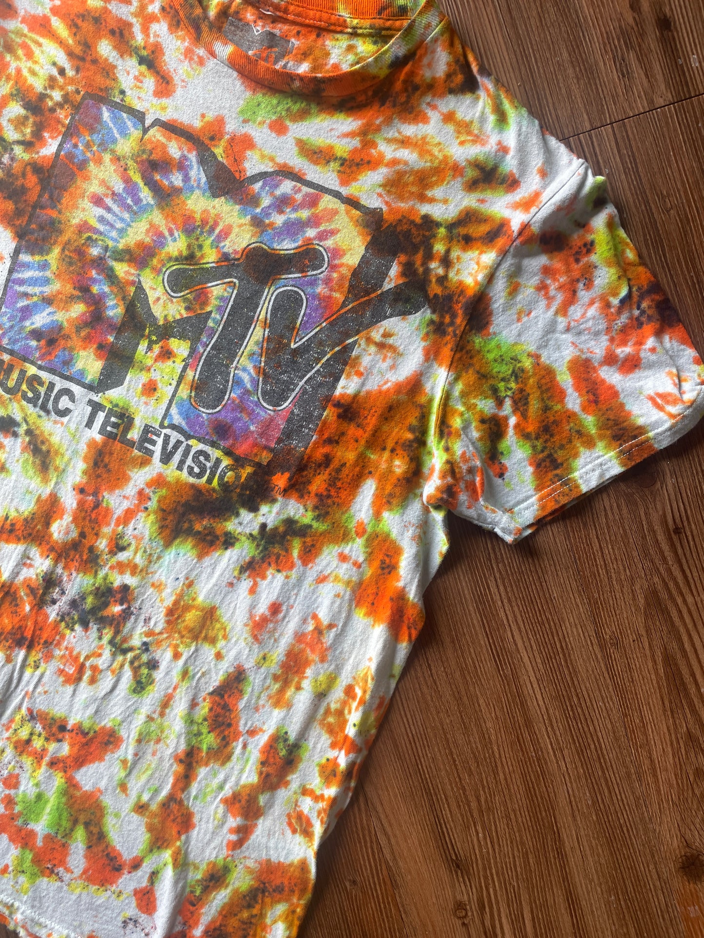 Medium Men’s MTV Retro Vibes Handmade Tie Dye T-Shirt | Music Television 90s Orange and Green Tie Dye Short Sleeve