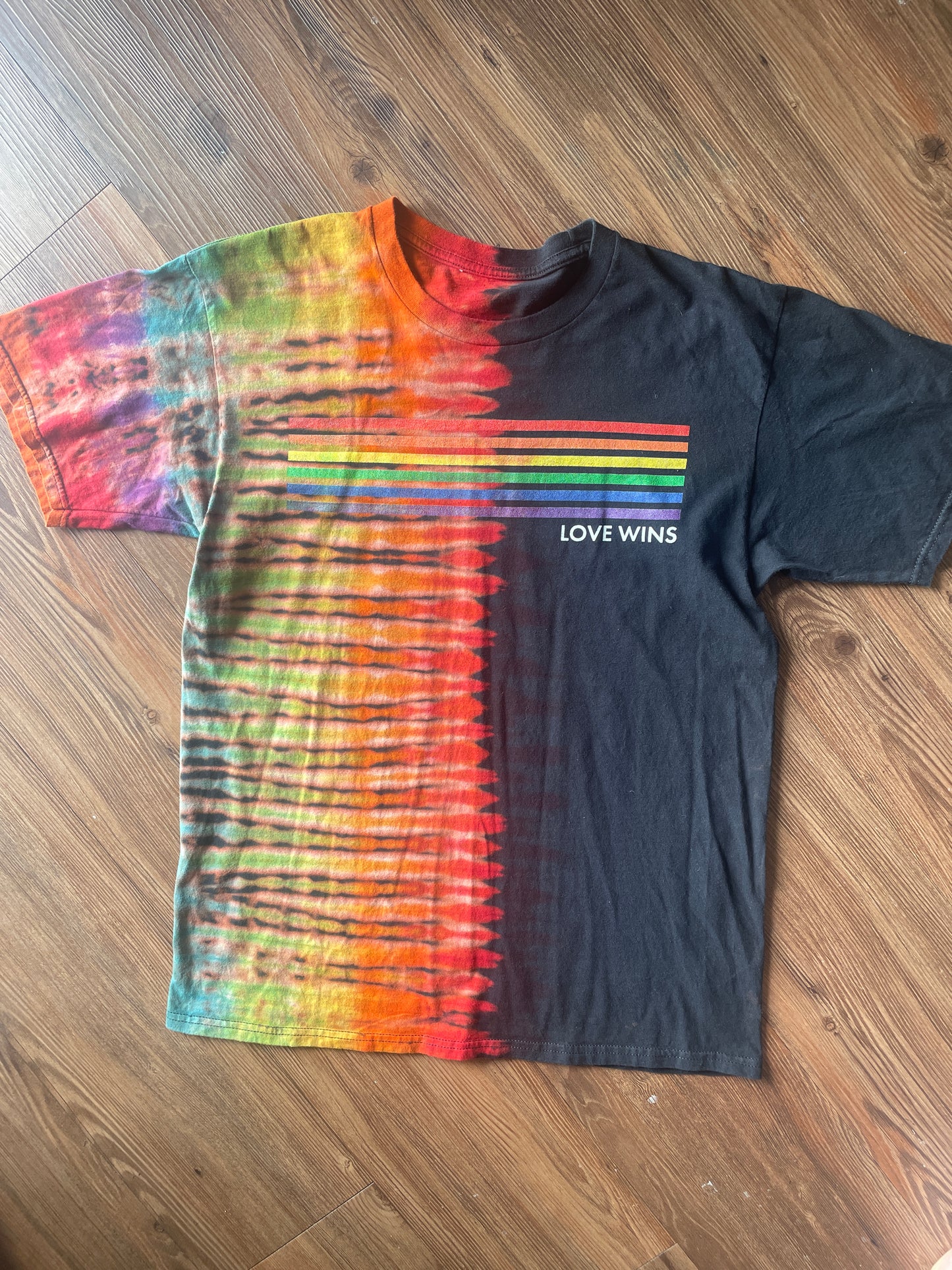 Medium Men’s Pride Love Wins Handmade Tie Dye T-Shirt | LGBTQ+ Rainbow Pride Month Pleated Tie Dye Short Sleeve