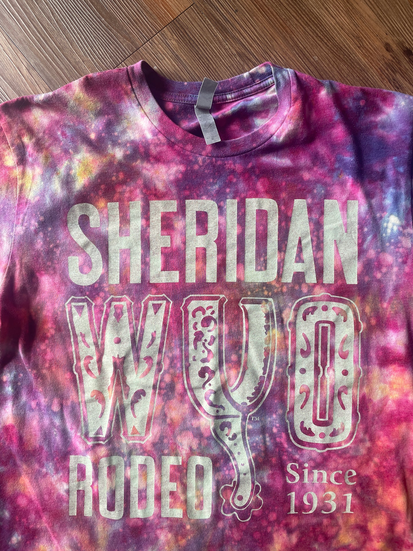 Medium Men’s Sheridan WYO Rodeo Handmade Tie Dye T-Shirt | Pink and Purple Reverse Galaxy Tie Dye Short Sleeve