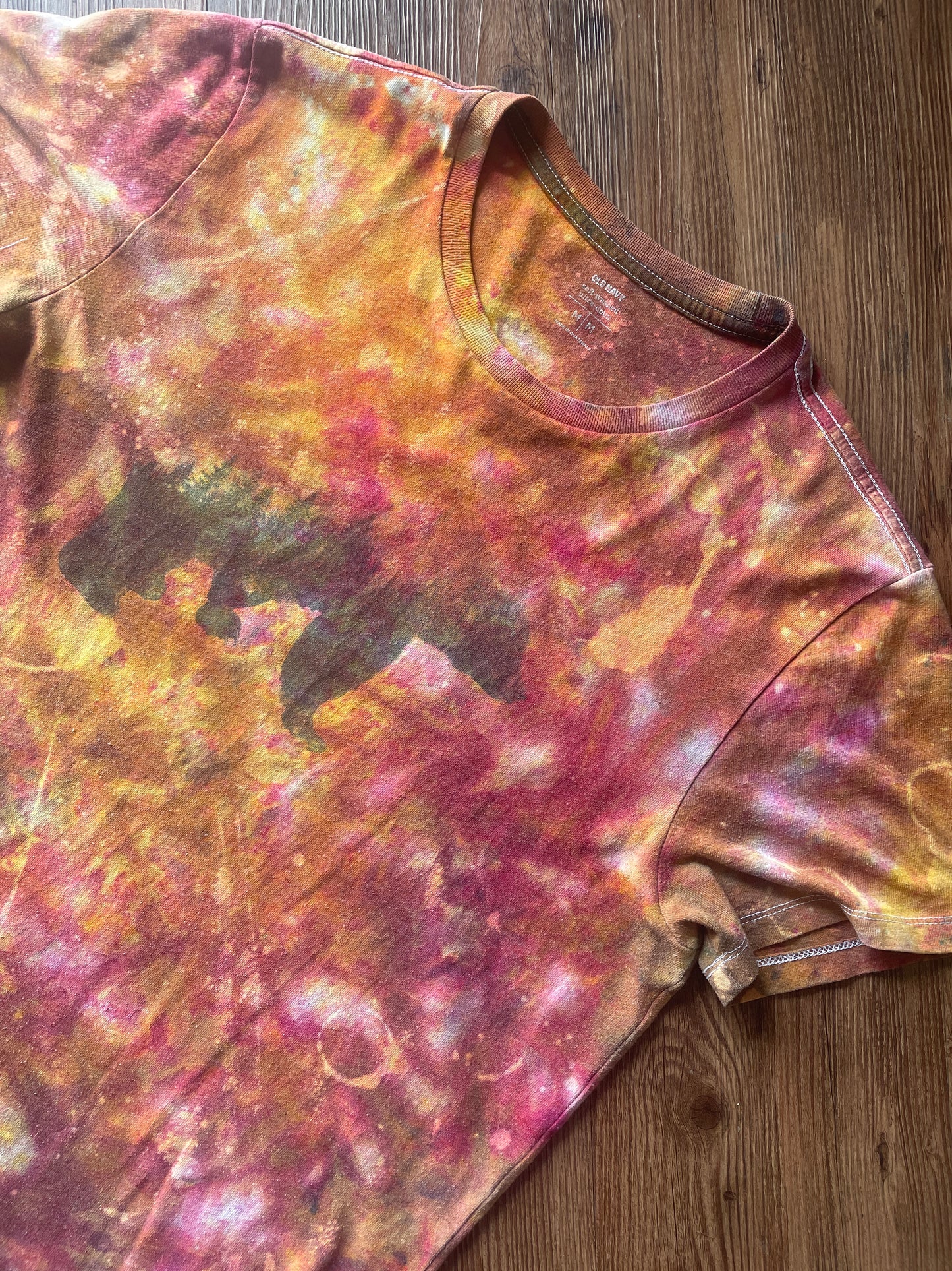 MEDIUM Unisex California Bear Handmade Fire Dye Tie Dye t-shirt | Red Orange Galaxy Dye Short Sleeve Top