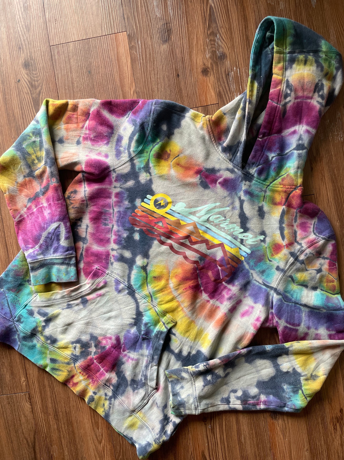 LARGE Men’s Marmot Coastal Mountain Handmade Geode Tie Dye Hoodie | Pastel Rainbow Long Sleeve Sweatshirt