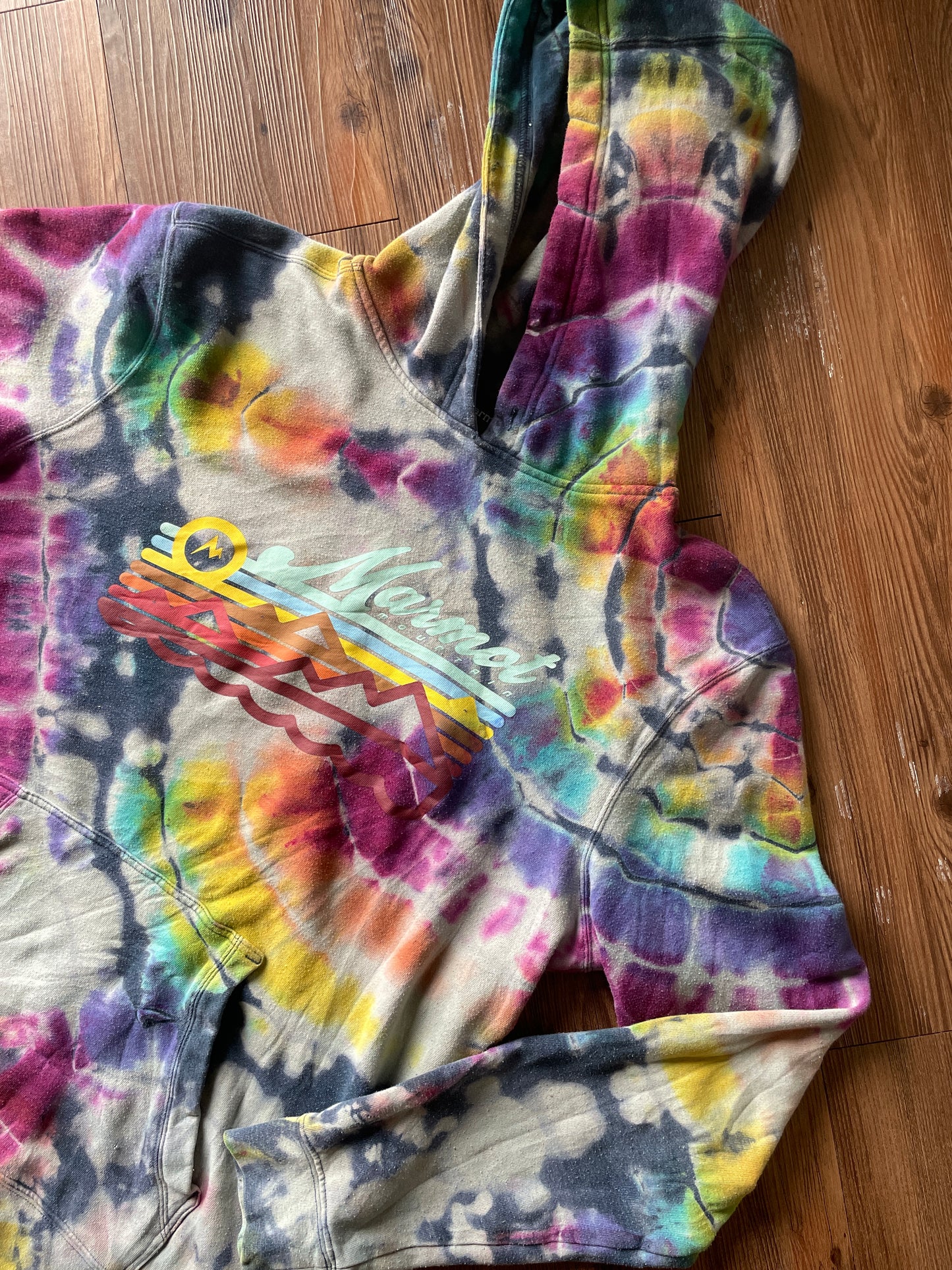 LARGE Men’s Marmot Coastal Mountain Handmade Geode Tie Dye Hoodie | Pastel Rainbow Long Sleeve Sweatshirt