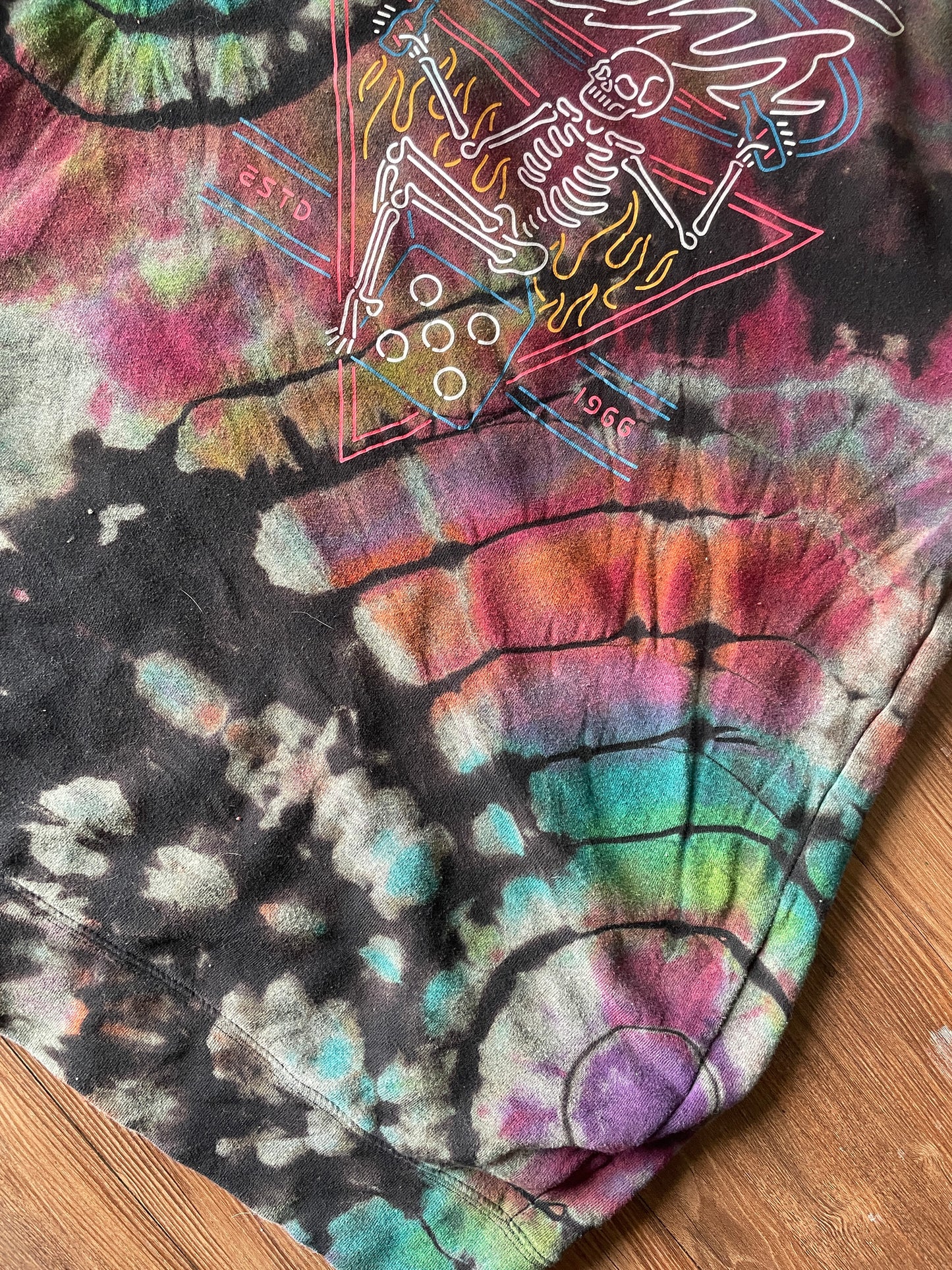 LARGE Men’s Vans Neon Skeleton Pizza Handmade Geode Tie Dye Sweatshirt | Rainbow and Black Long Sleeve Hoodie