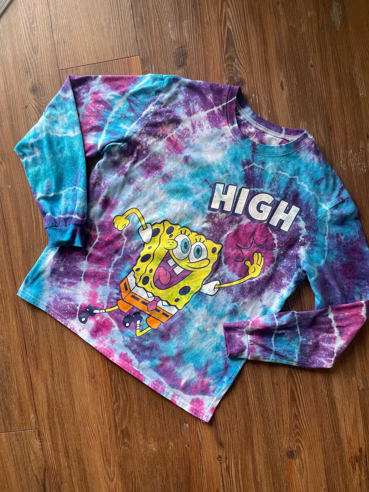 MEDIUM Unisex SpongeBob Squarepants High Five Handmade Galaxy Geode Tie Dye T-Shirt | Blue, Purple, and Pink Long Sleeve Tee