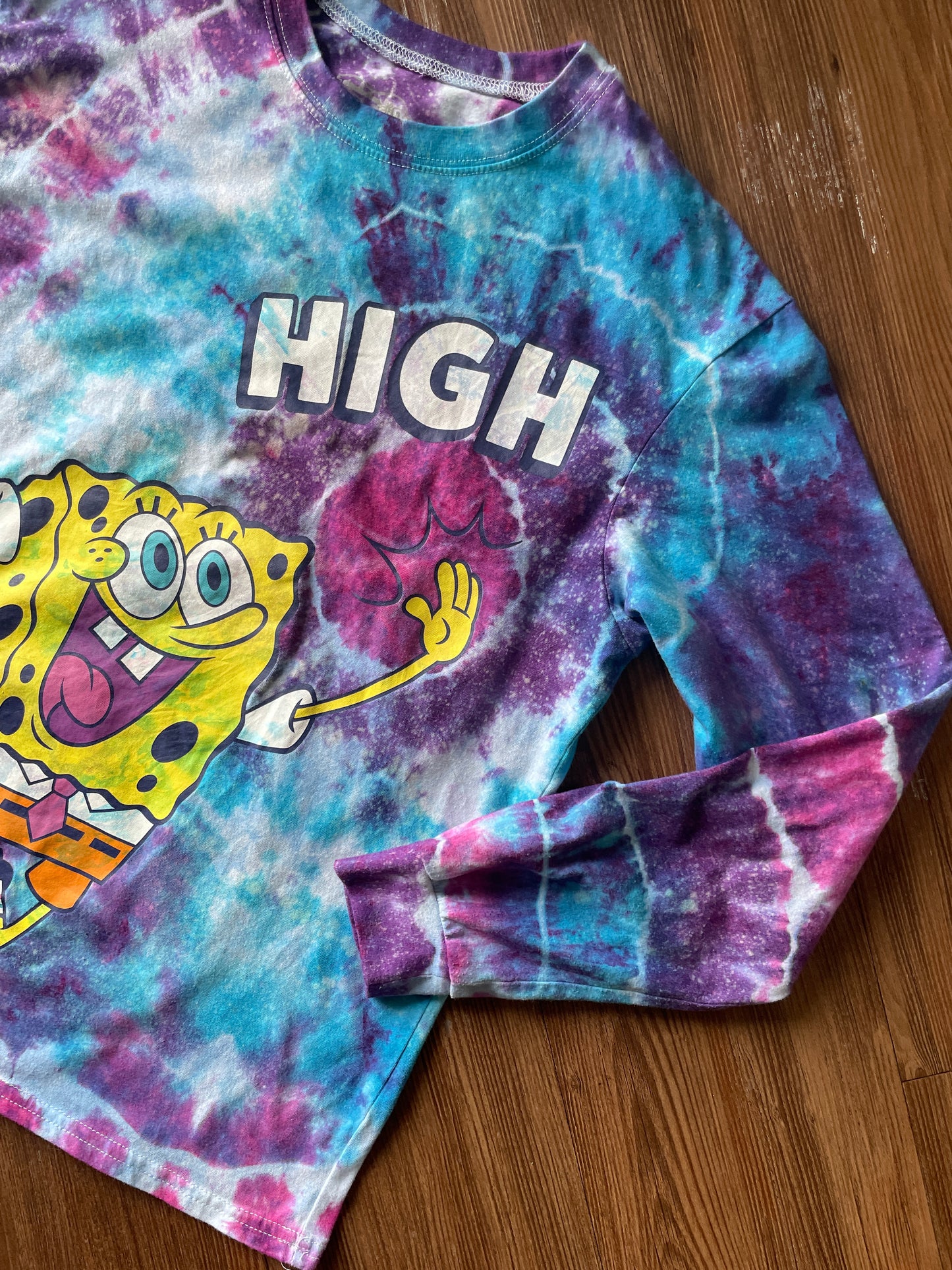MEDIUM Unisex SpongeBob Squarepants High Five Handmade Galaxy Geode Tie Dye T-Shirt | Blue, Purple, and Pink Long Sleeve Tee