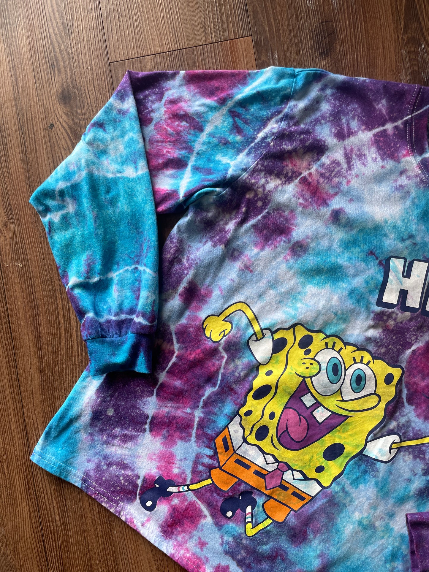 MEDIUM Unisex SpongeBob Squarepants High Five Handmade Galaxy Geode Tie Dye T-Shirt | Blue, Purple, and Pink Long Sleeve Tee
