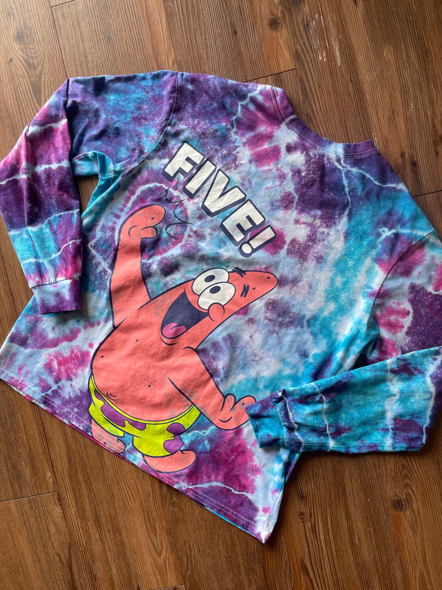 MEDIUM Unisex SpongeBob Squarepants High Five Handmade Galaxy Geode Tie Dye T-Shirt | Blue, Purple, and Pink Long Sleeve Tee