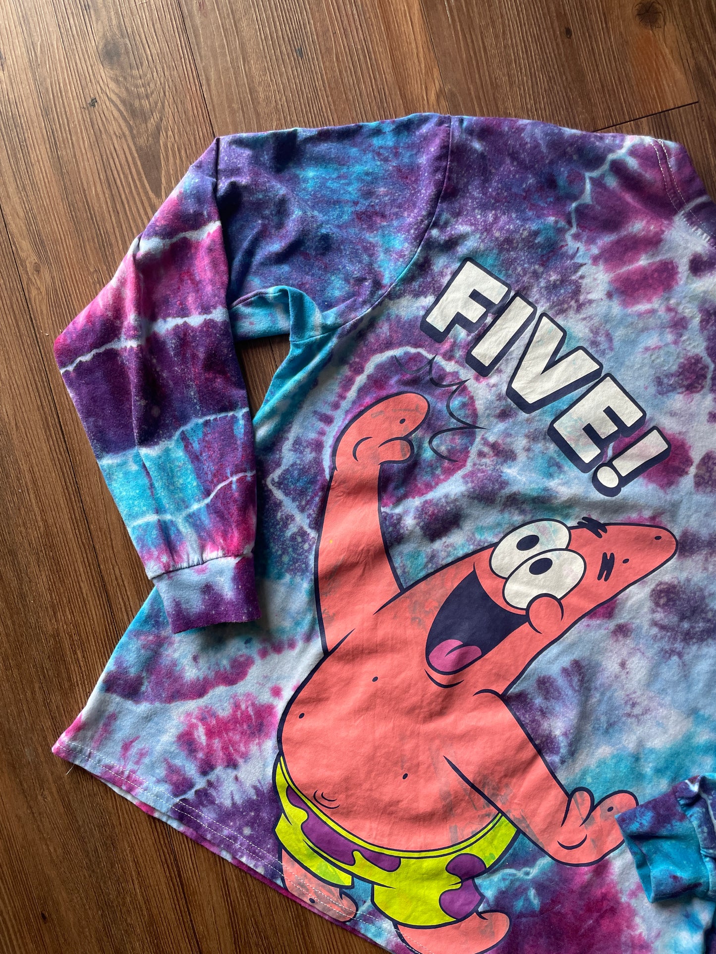 MEDIUM Unisex SpongeBob Squarepants High Five Handmade Galaxy Geode Tie Dye T-Shirt | Blue, Purple, and Pink Long Sleeve Tee