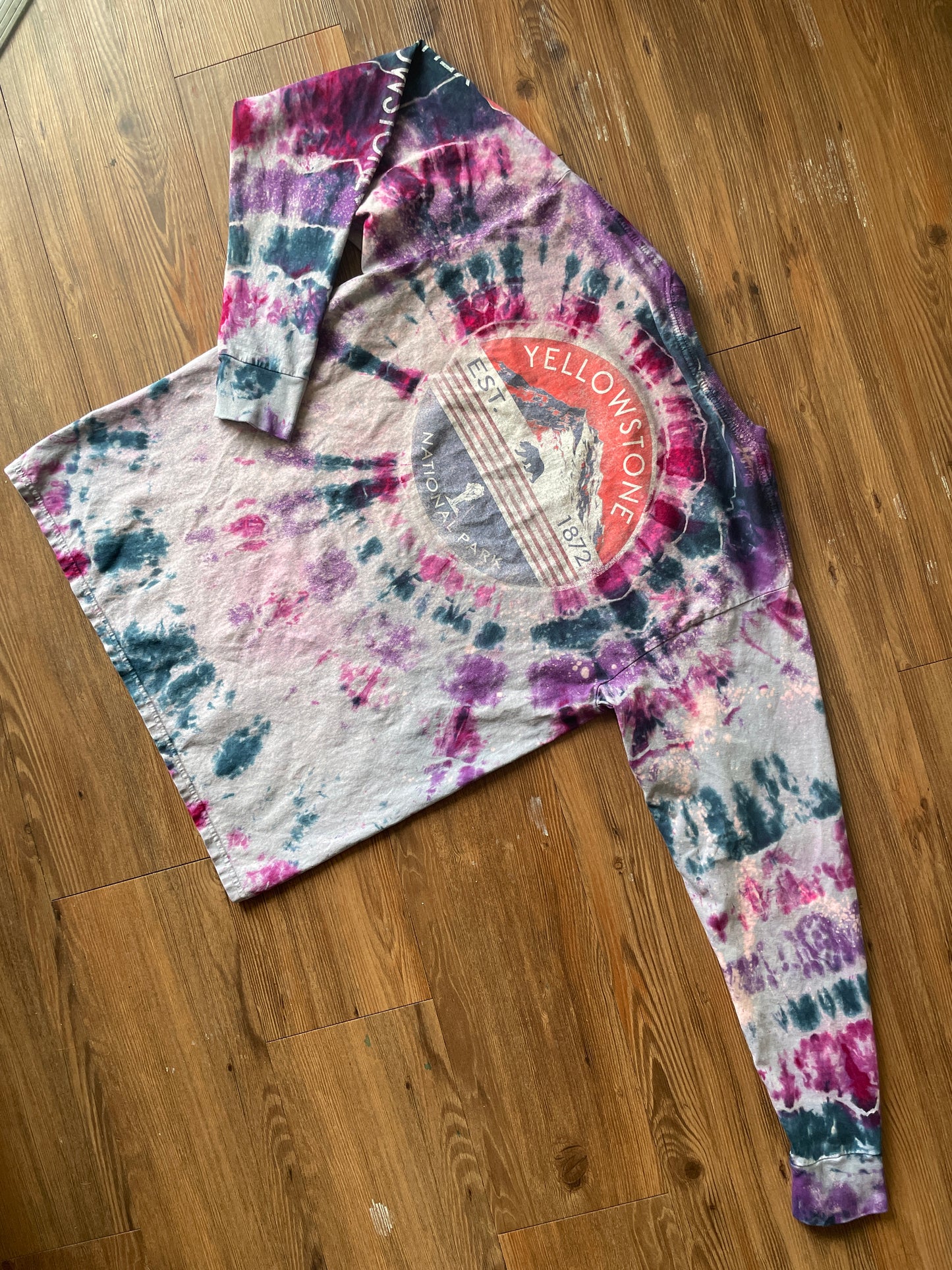 MEDIUM Men’s Yellowstone National Park Handmade Galaxy Geode Tie Dye T-Shirt | Blue, Purple, and Pink Long Sleeve Tee