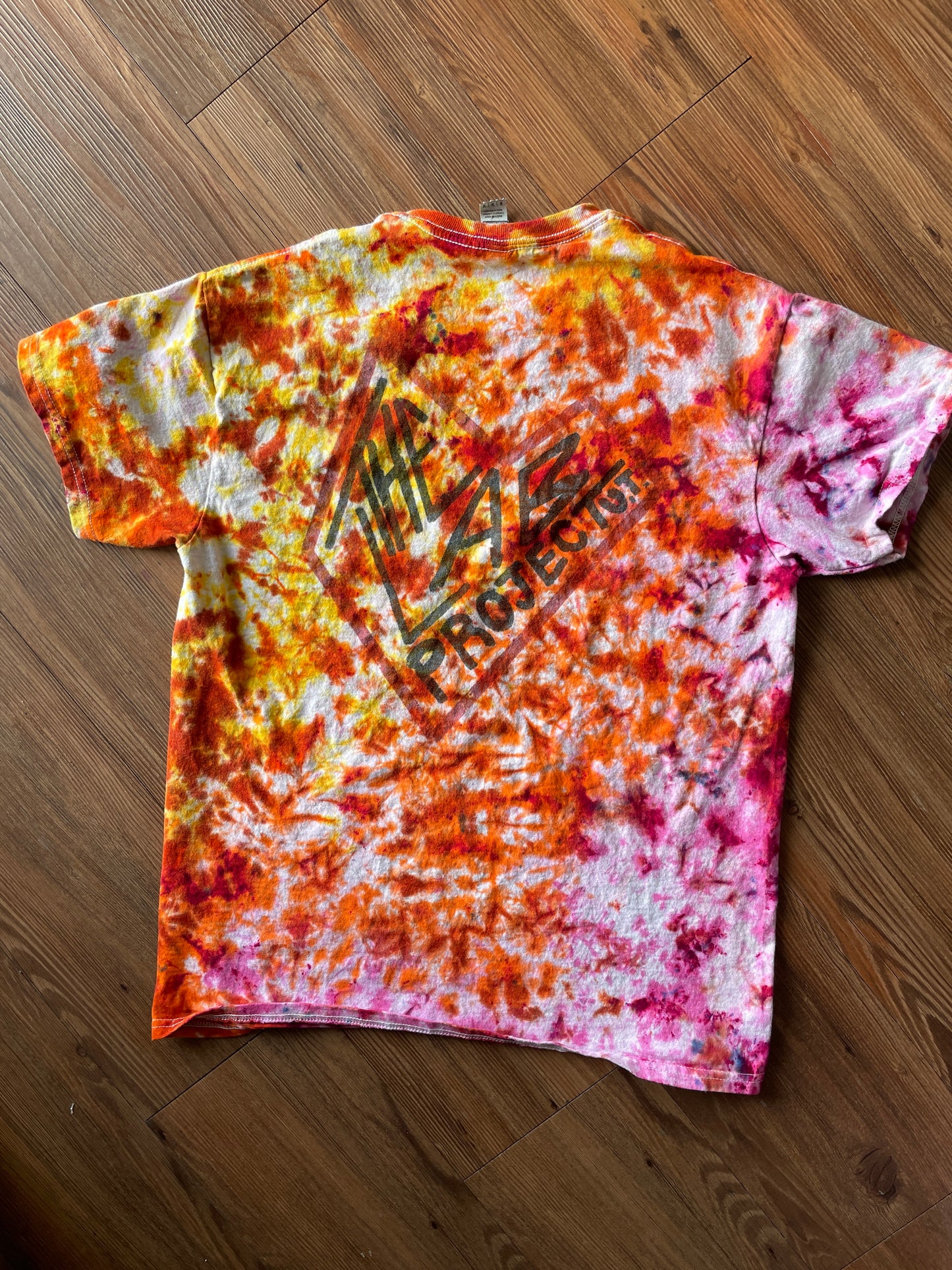 Medium Men’s The Lab Project Handmade Tie Dye T-Shirt | Pink, Orange, and Yellow Crumpled Tie Dye Short Sleeve