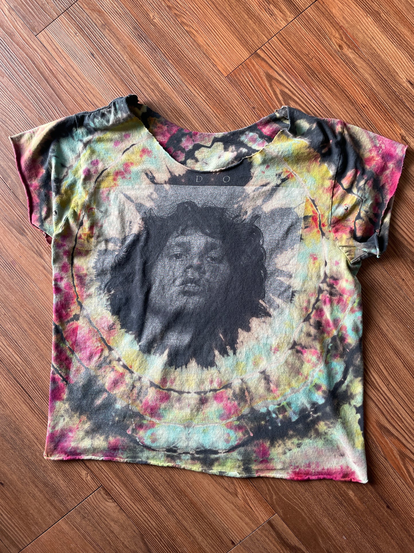 Medium Women’s The Doors Jim Morrison Handmade Reverse Tie Dye Crop Top | Pink, Blue, and Yellow Geode Tie Dye Short Sleeve