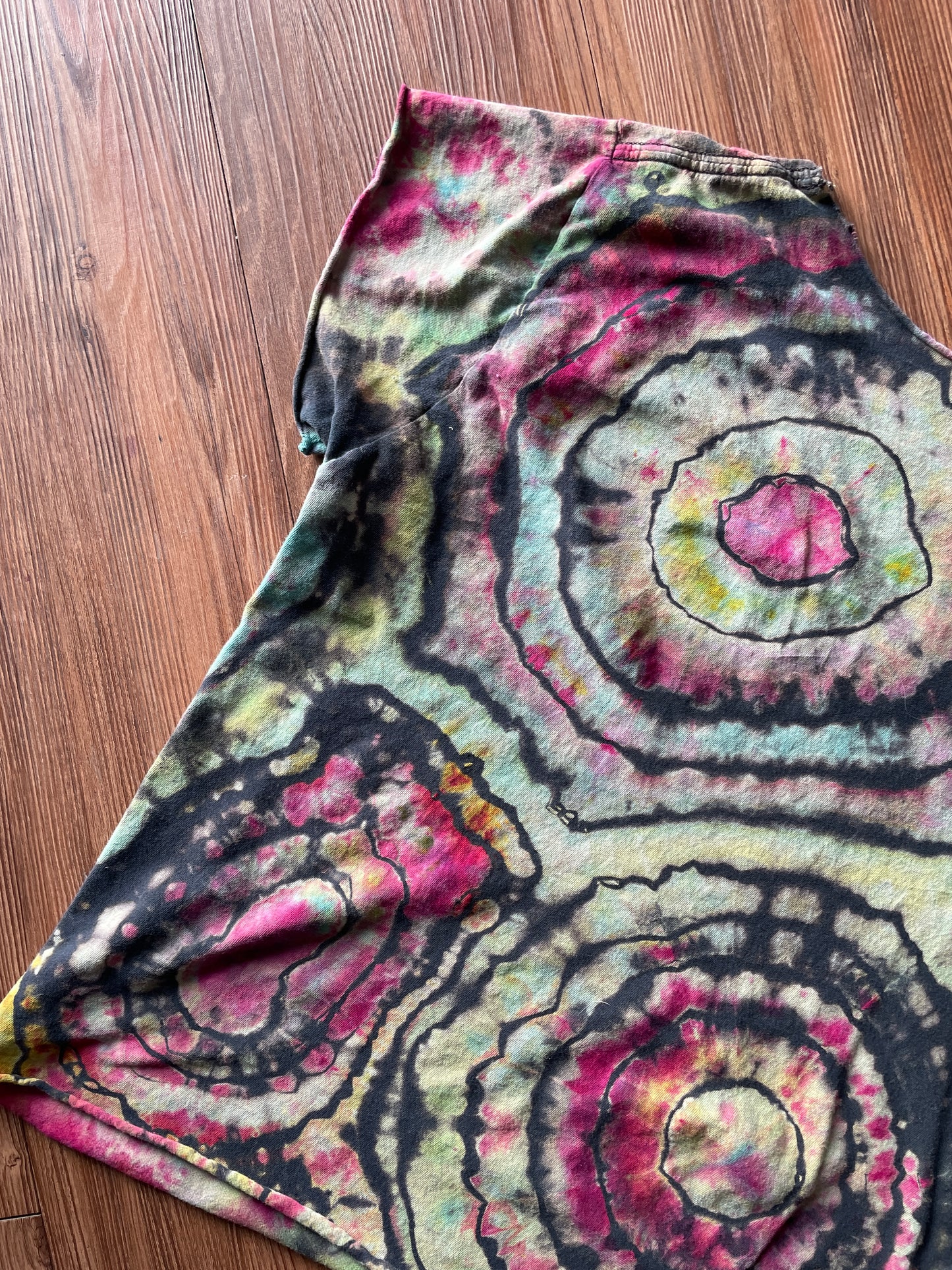 Medium Women’s The Doors Jim Morrison Handmade Reverse Tie Dye Crop Top | Pink, Blue, and Yellow Geode Tie Dye Short Sleeve