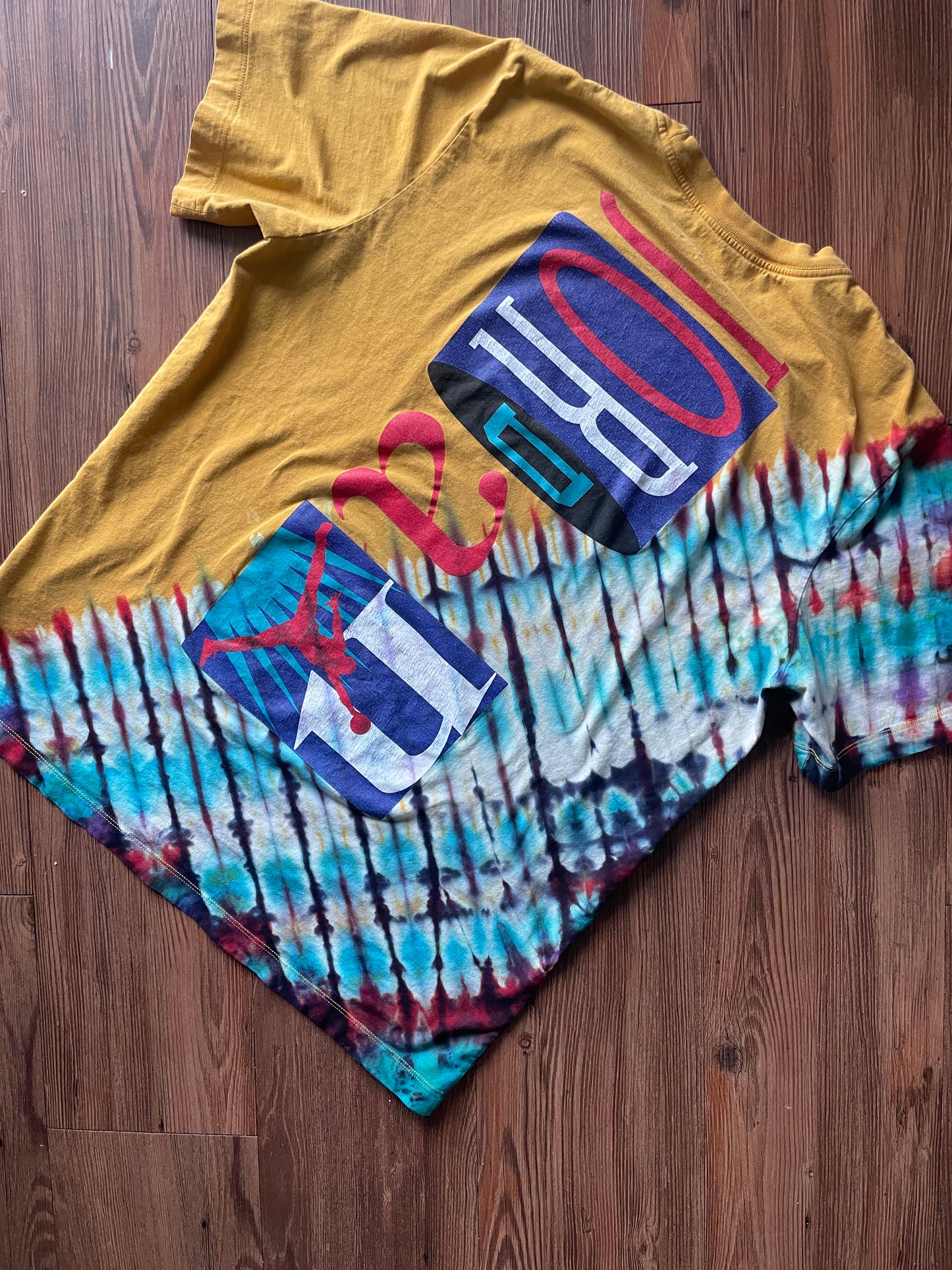 LARGE Men’s Vintage 90s Air Jordan Handmade Tie Dye T-Shirt | One-Of-a-Kind Yellow, Red, and Blue Pleated Bleach Dye Short Sleeve