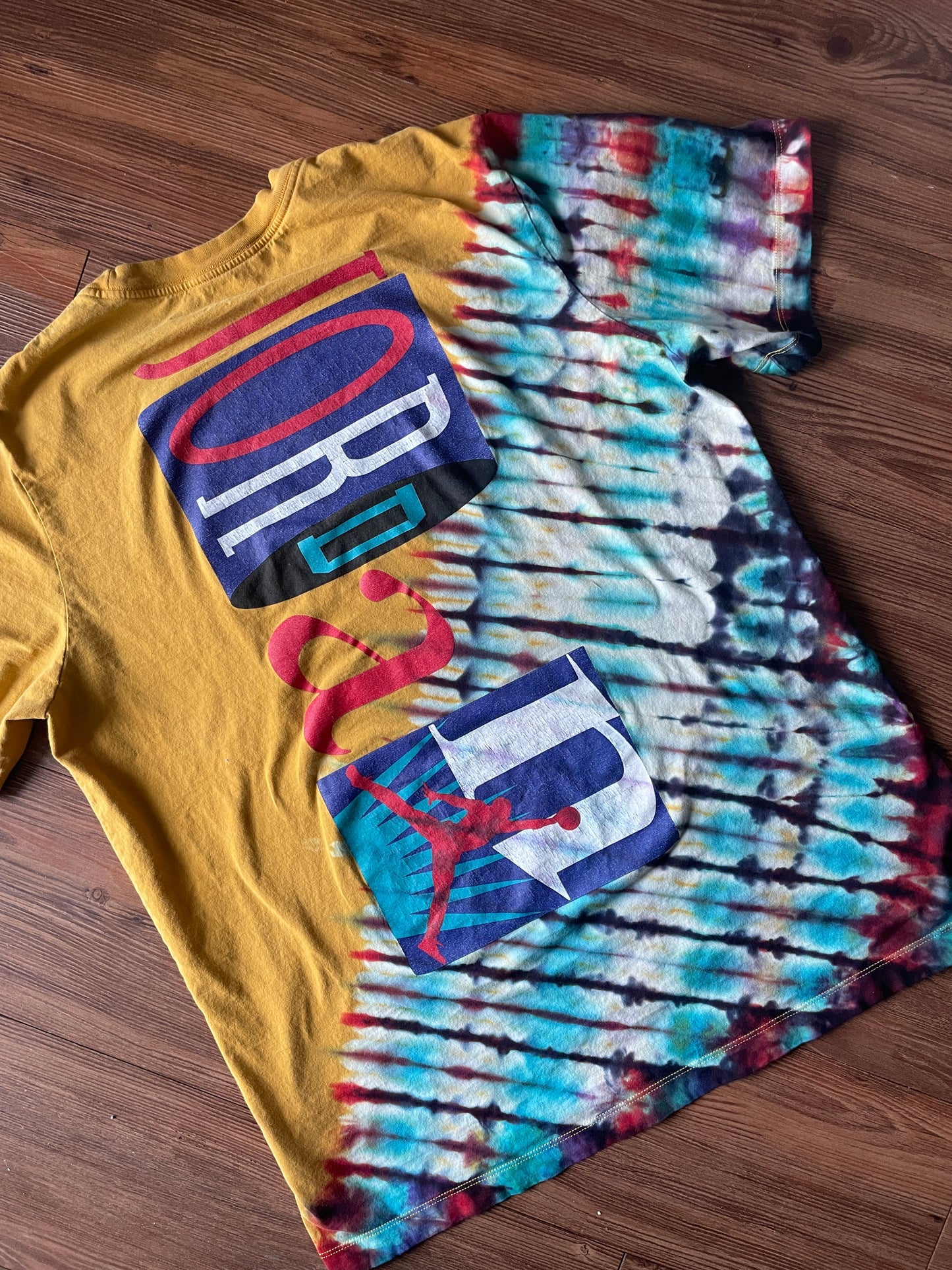 LARGE Men’s Vintage 90s Air Jordan Handmade Tie Dye T-Shirt | One-Of-a-Kind Yellow, Red, and Blue Pleated Bleach Dye Short Sleeve