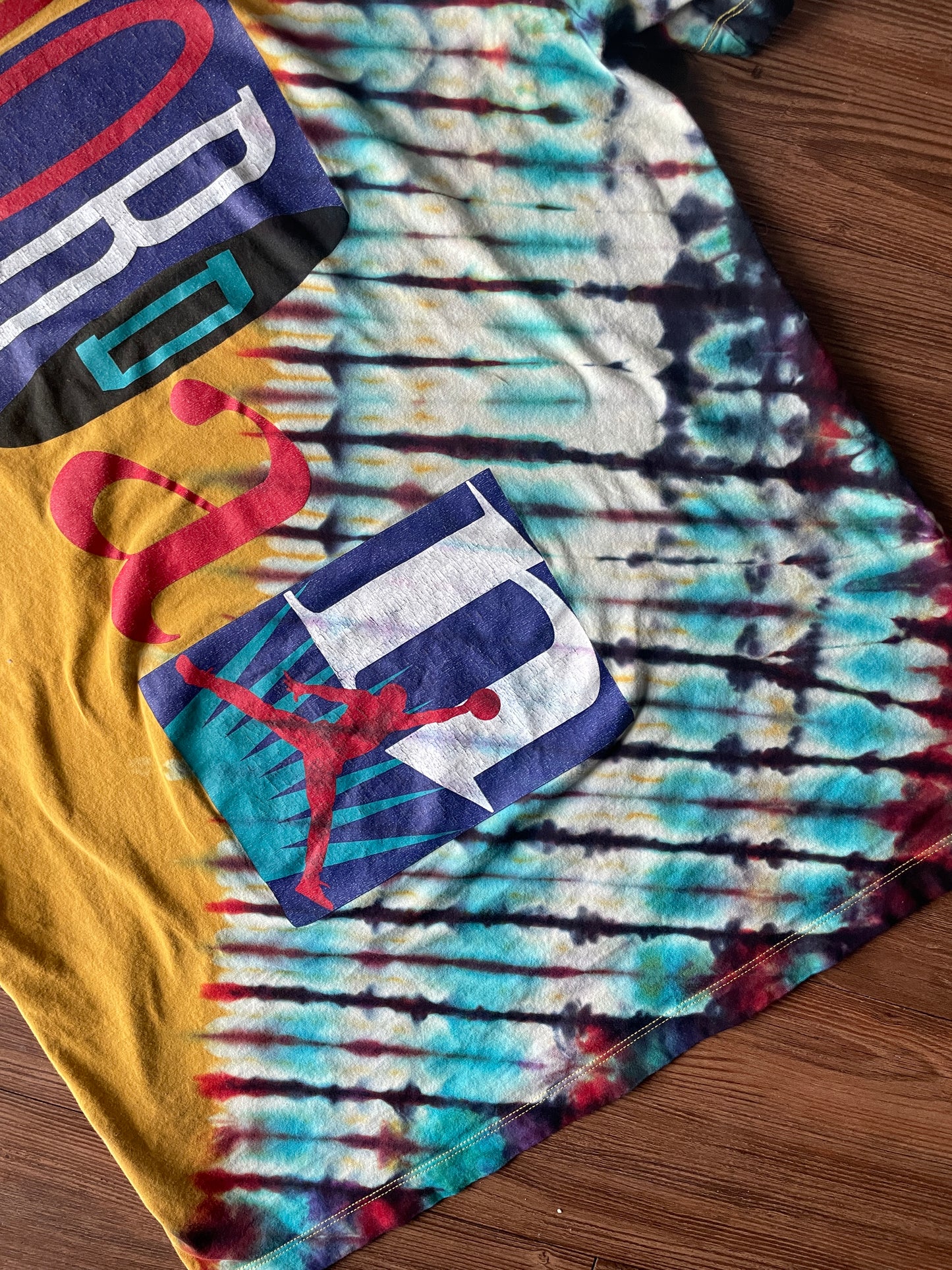 LARGE Men’s Vintage 90s Air Jordan Handmade Tie Dye T-Shirt | One-Of-a-Kind Yellow, Red, and Blue Pleated Bleach Dye Short Sleeve