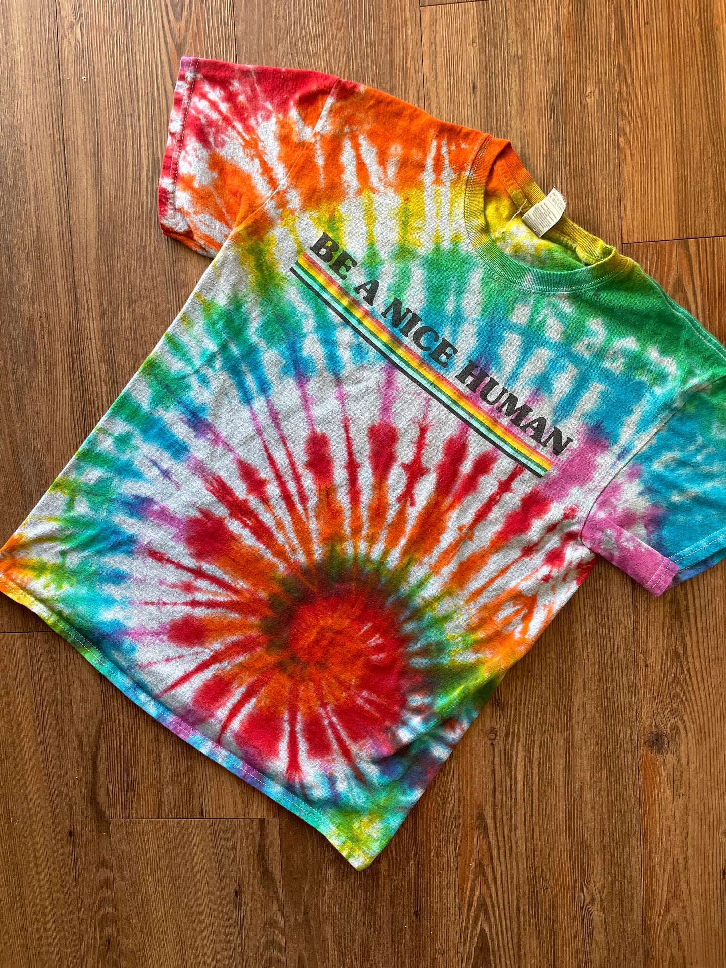 MEDIUM Men’s Be A Nice Human Handmade Tie Dye T-Shirt | One-Of-a-Kind Rainbow Spiral Short Sleeve