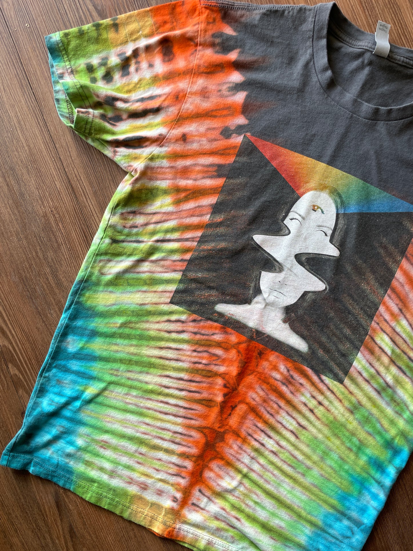 MEDIUM Men’s Psychedelic Lady Head Handmade Tie Dye T-Shirt | One-Of-a-Kind Neon Orange and Gray Short Sleeve