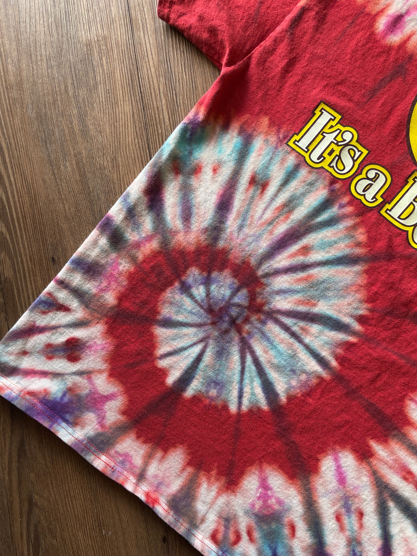 MEDIUM Men’s Bucee's It's A Beaver Handmade Reverse Tie Dye T-Shirt | One-Of-a-Kind Red, Blue, and Purple Spiral Short Sleeve