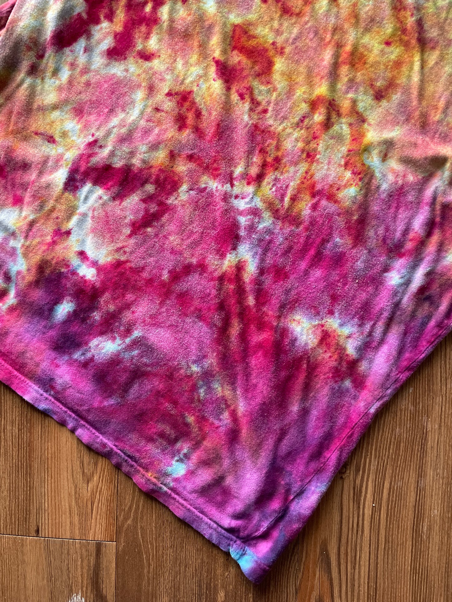 Large Women’s Harry Potter and The Deathly Hallows Galaxy Handmade Tie Dye T-Shirt | One-Of-a-Kind Pink and Orange Snow Dyed Short Sleeve