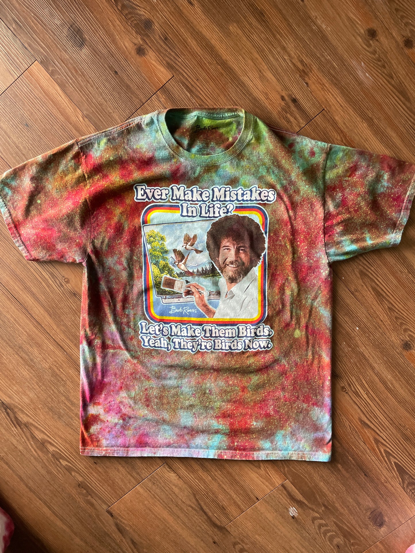 LARGE Men’s Bob Ross Mistakes Galaxy Handmade Tie Dye T-Shirt | One-Of-a-Kind Rainbow Snow Dyed Short Sleeve
