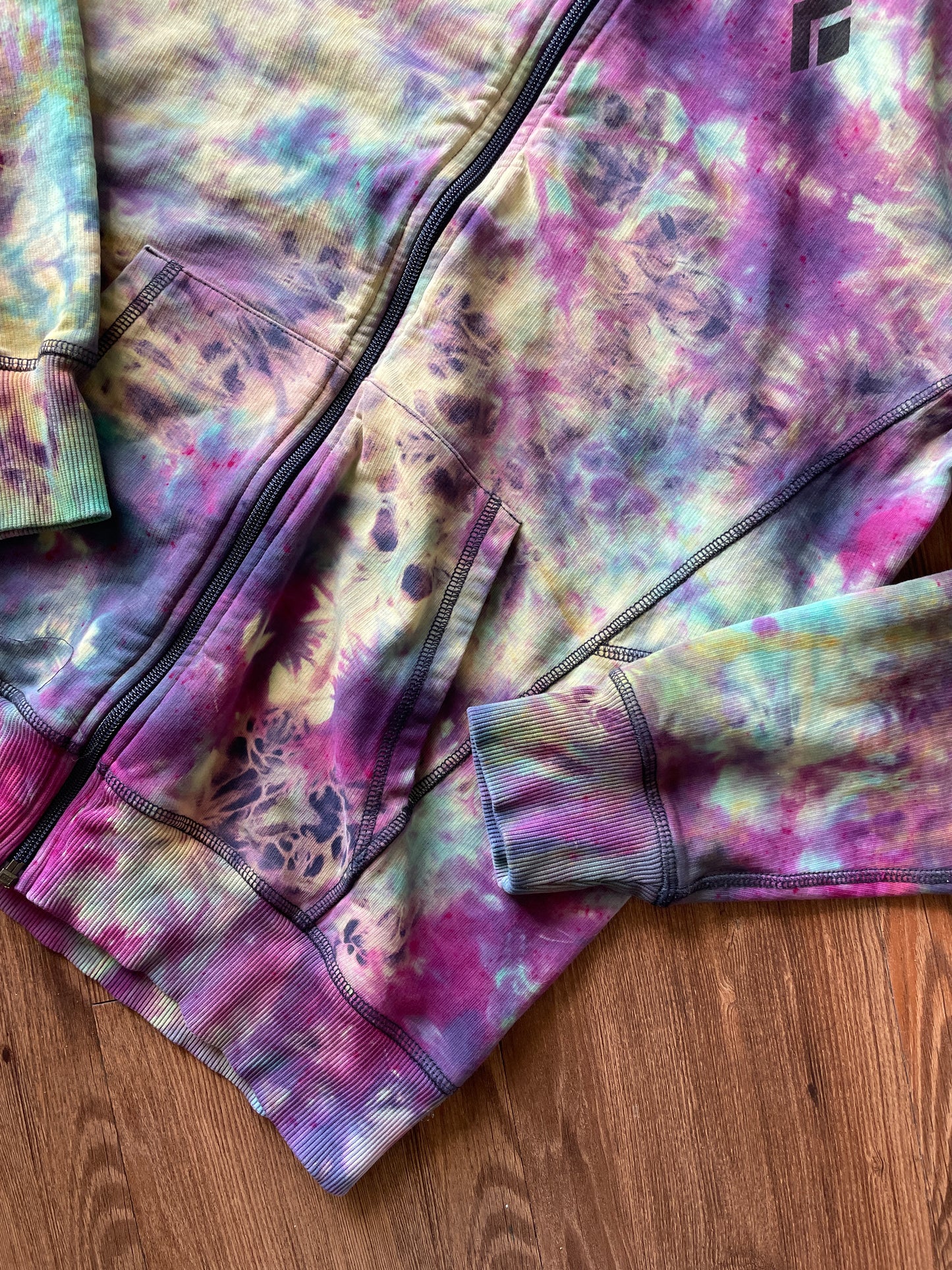 MEDIUM Men’s Black Diamond Chalked Up Handmade Tie Dye Hoodie | One-Of-a-Kind Pastel Purple and Blue Long Sleeve Sweatshirt